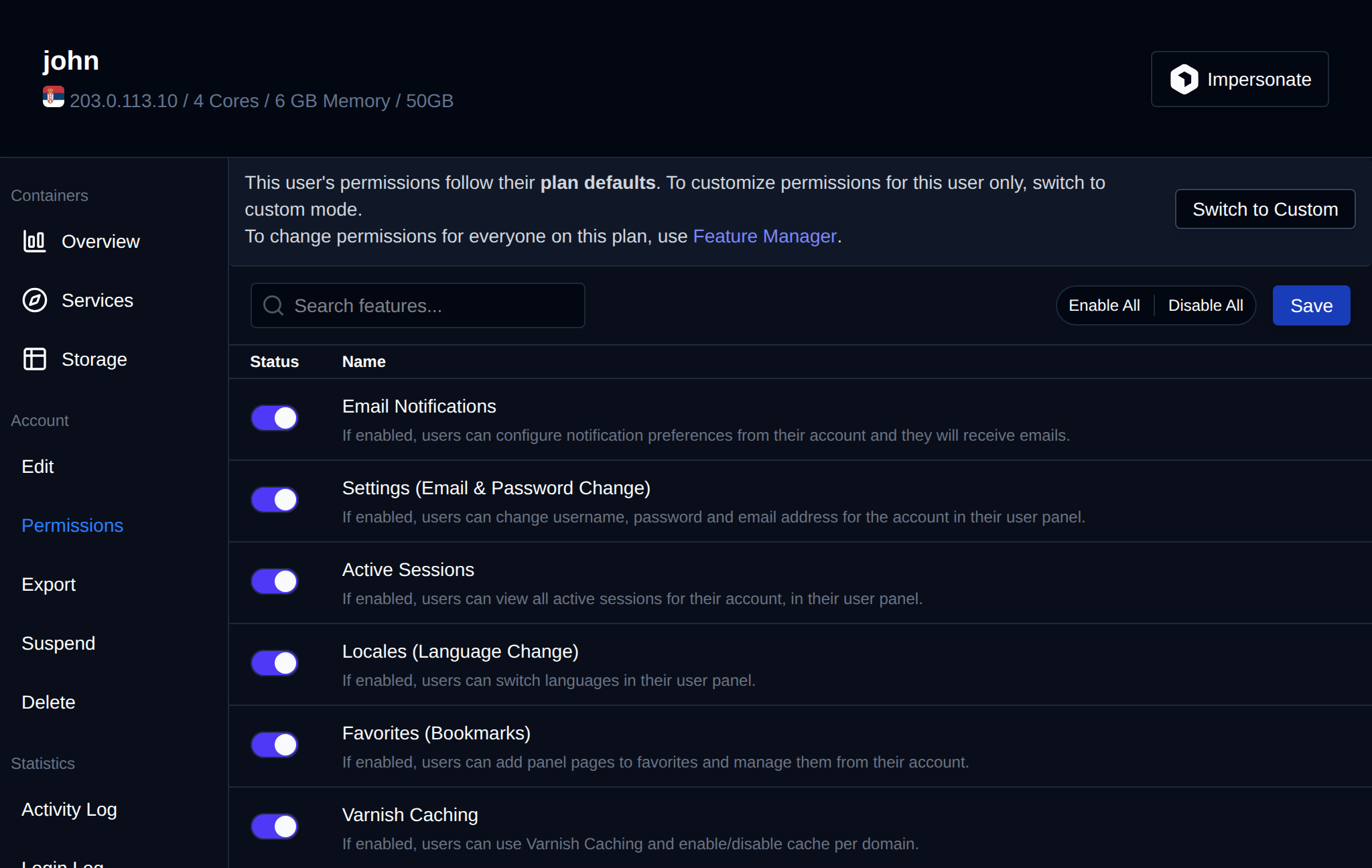 Permissions tab where the enabled OpenPanel features follow the plan or are set per user