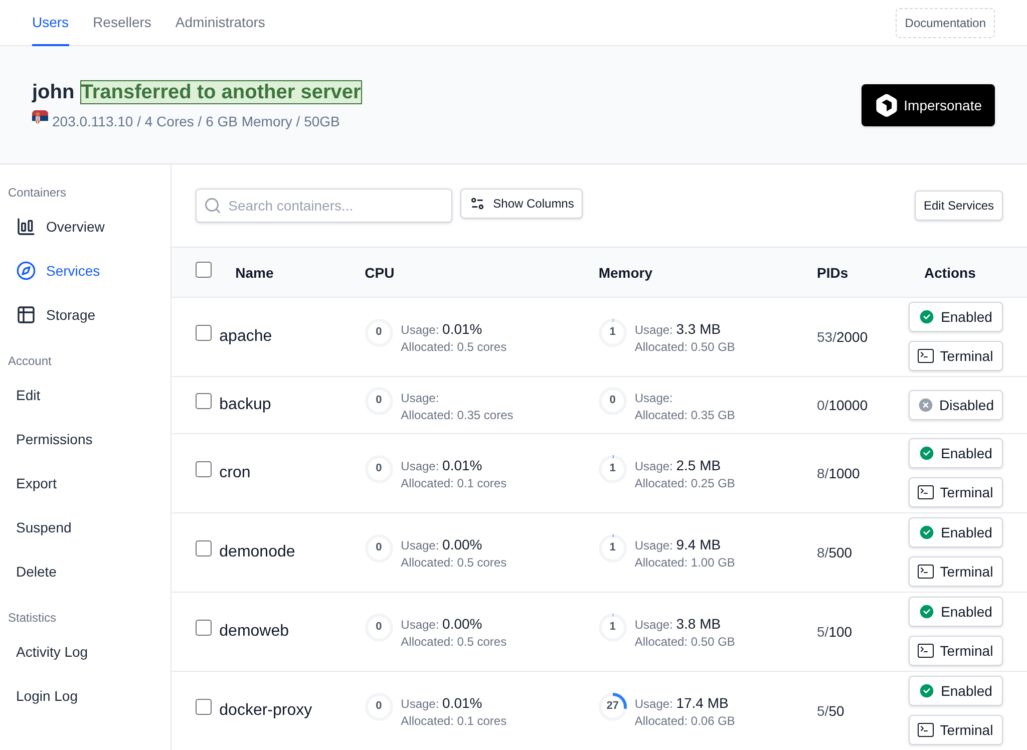 Services tab listing the user containers with their CPU and memory usage, PIDs and actions