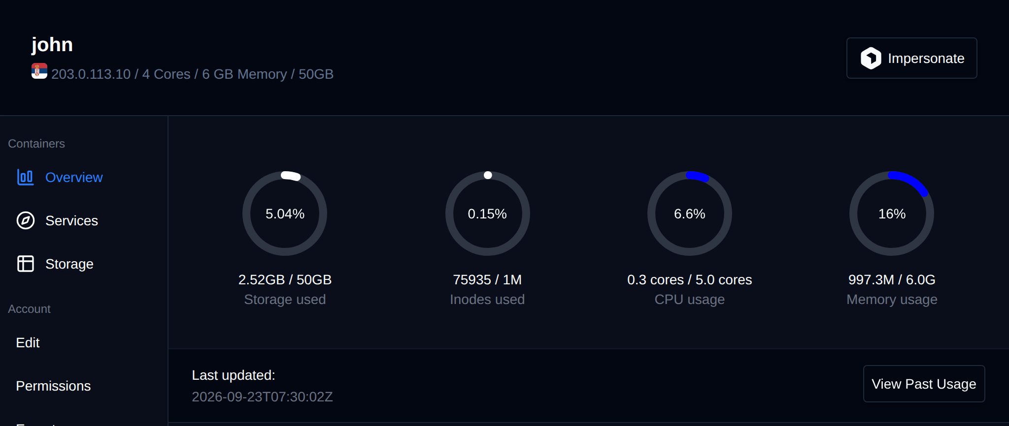 Overview tab of a user with gauges for storage, inodes, CPU and memory usage and the View Past Usage button