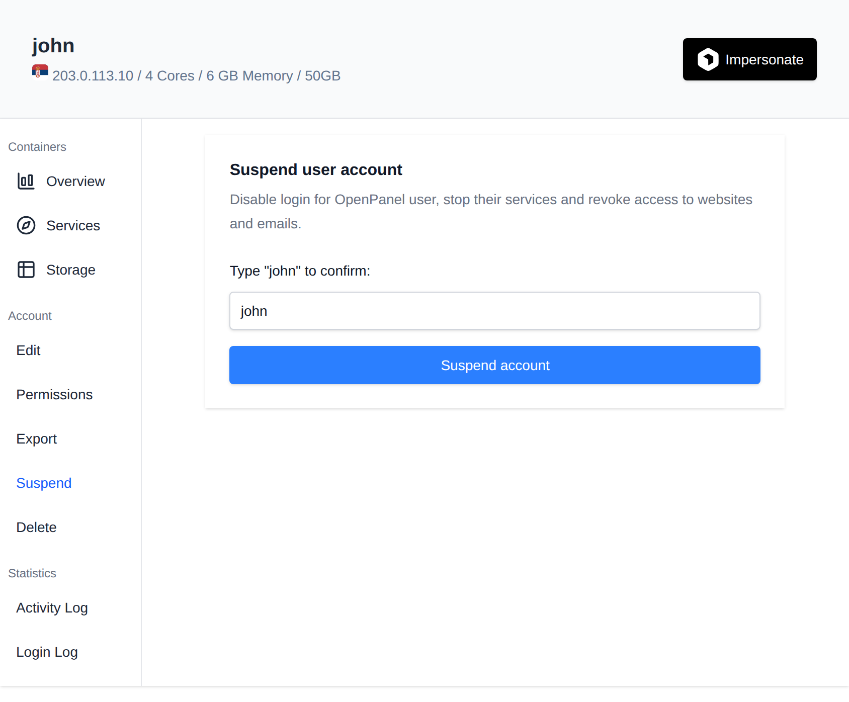 Suspend tab asking to type the username before suspending the account