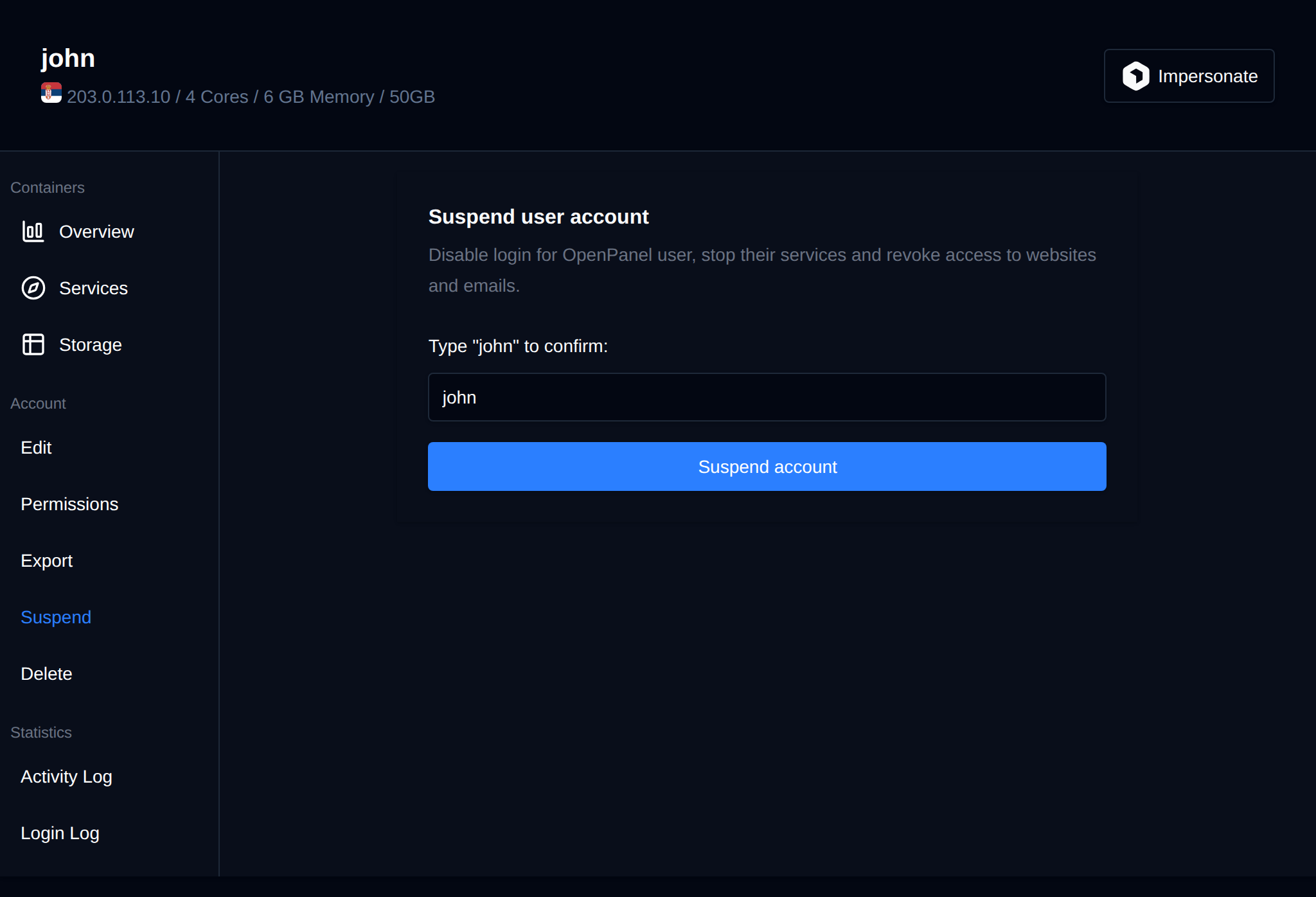 Suspend tab asking to type the username before suspending the account