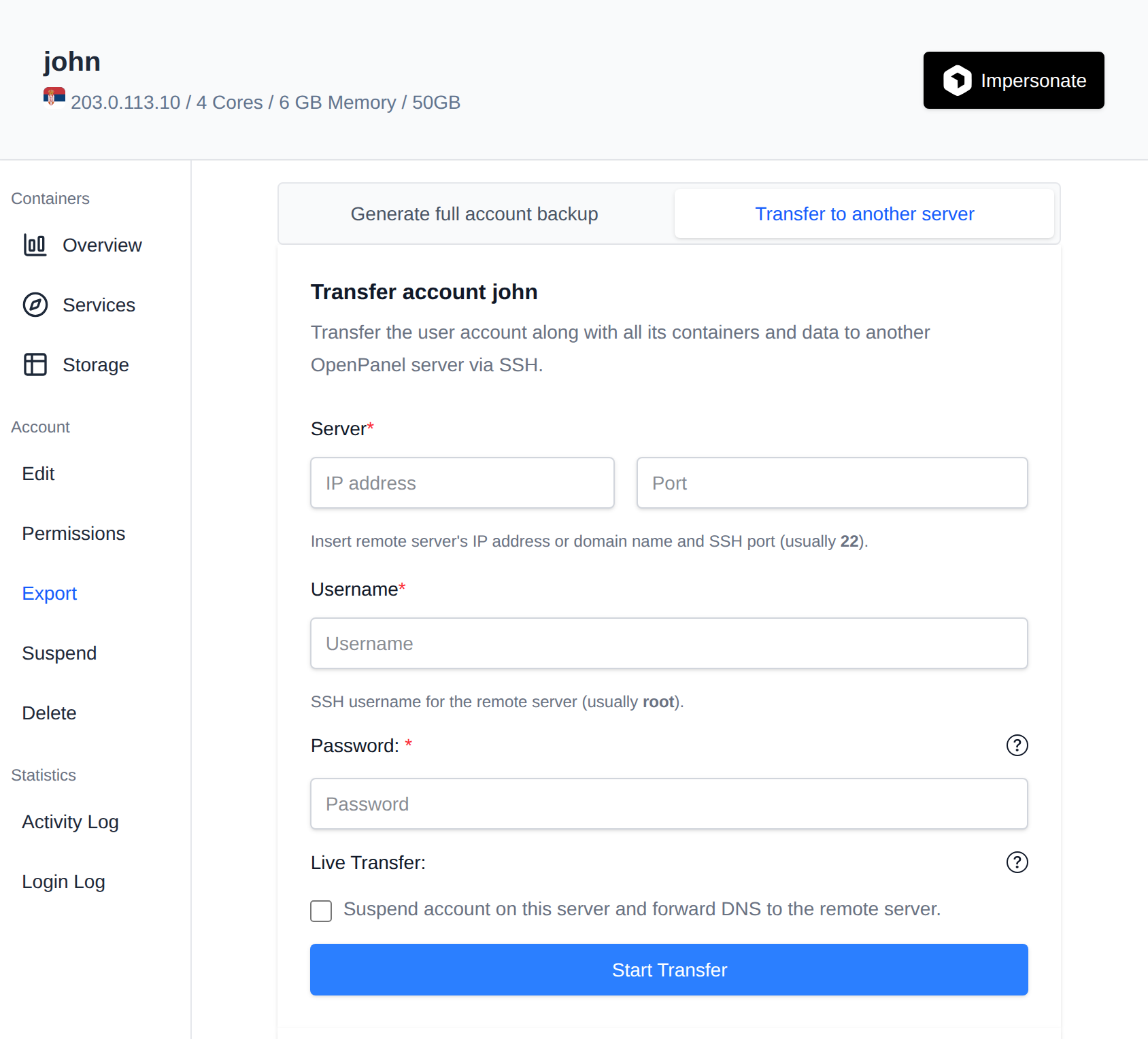 Transfer to another server form on the Export tab with the remote server, SSH credentials and the Live Transfer option