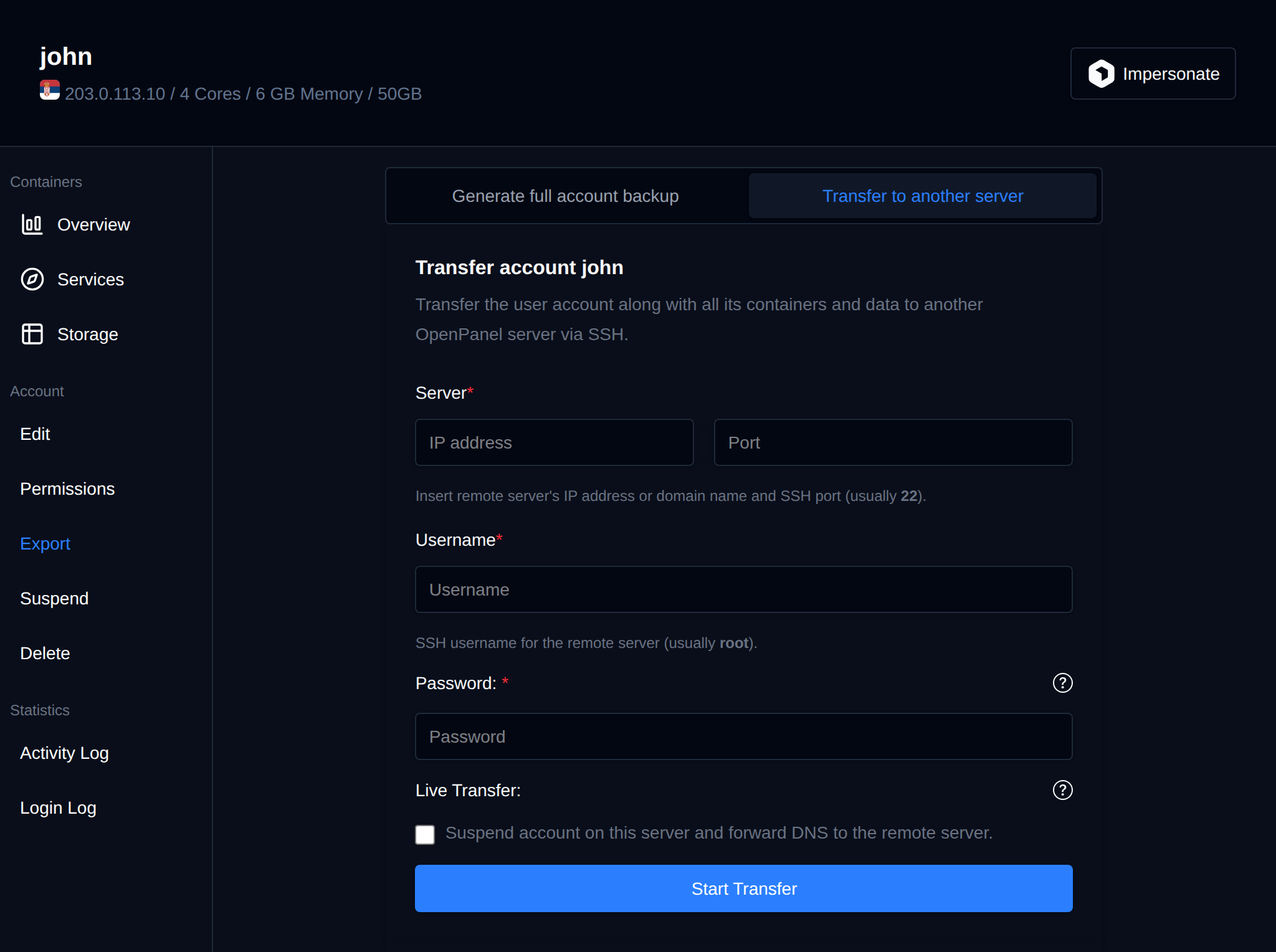 Transfer to another server form on the Export tab with the remote server, SSH credentials and the Live Transfer option