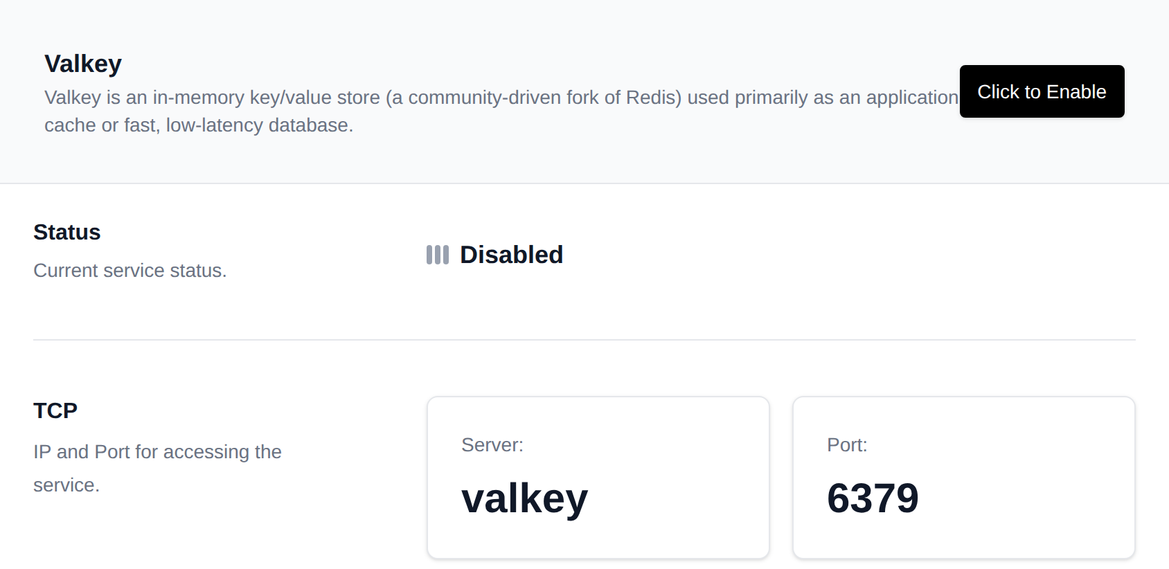 Valkey page with the service status, TCP server and port