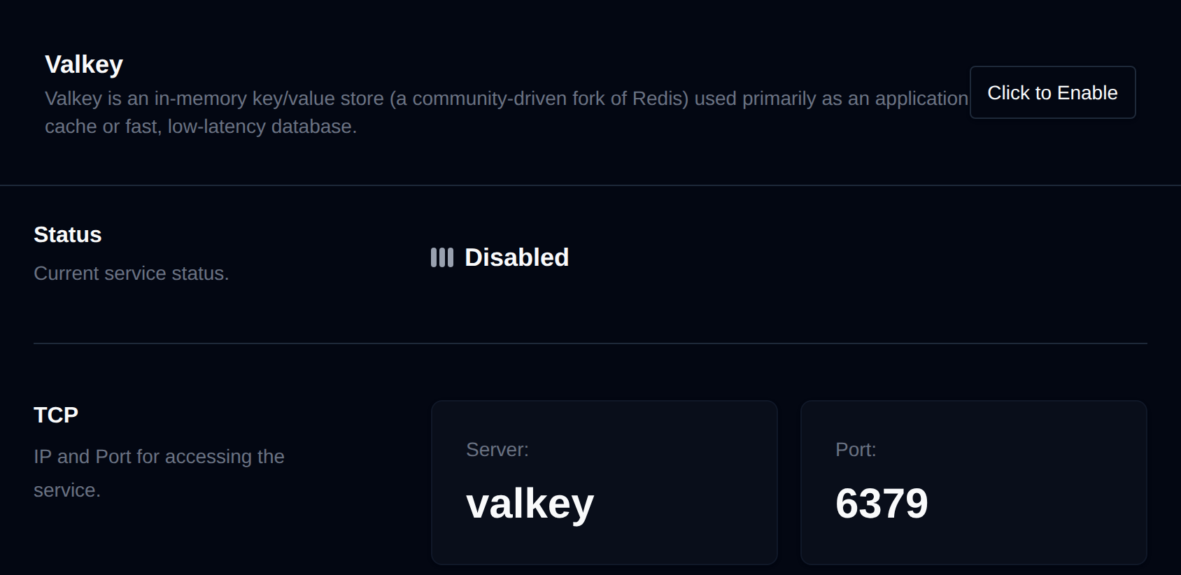 Valkey page with the service status, TCP server and port