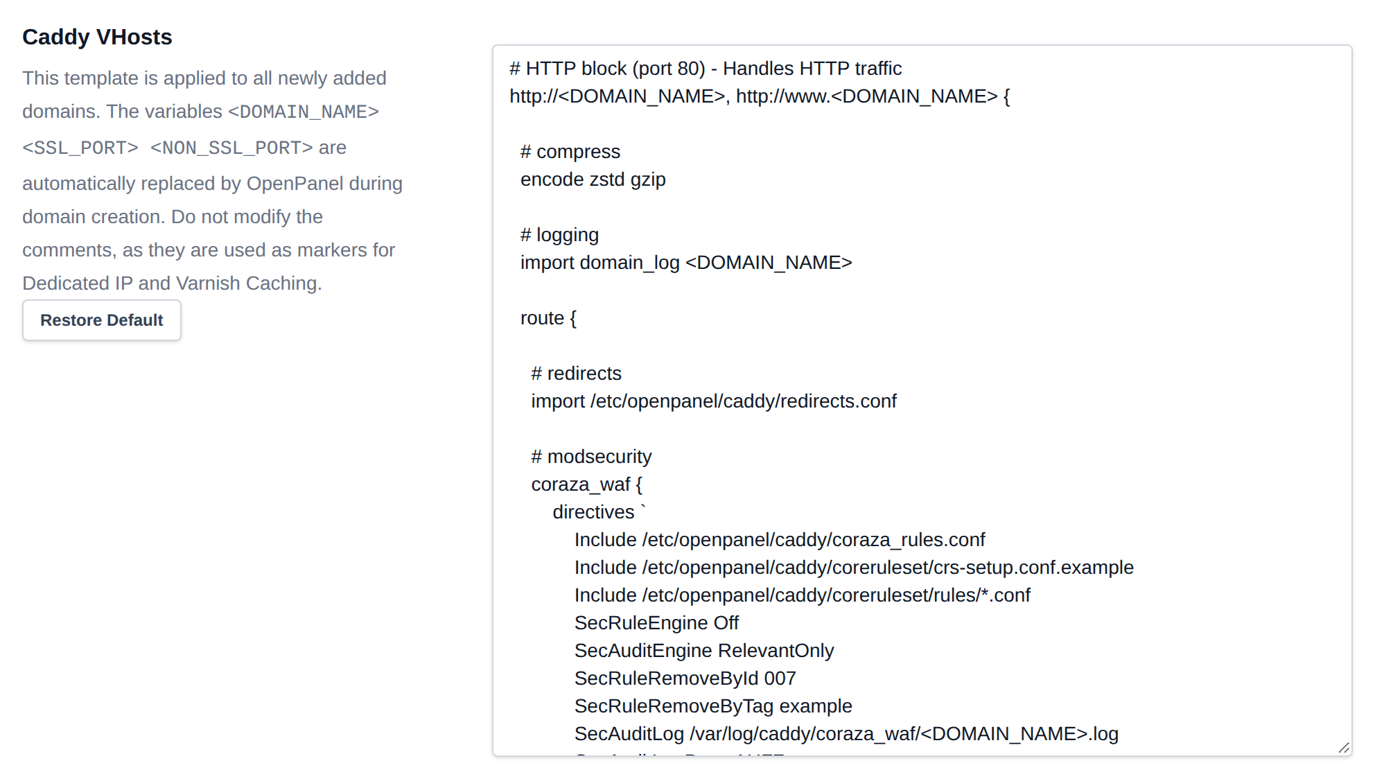 Caddy VHosts template editor