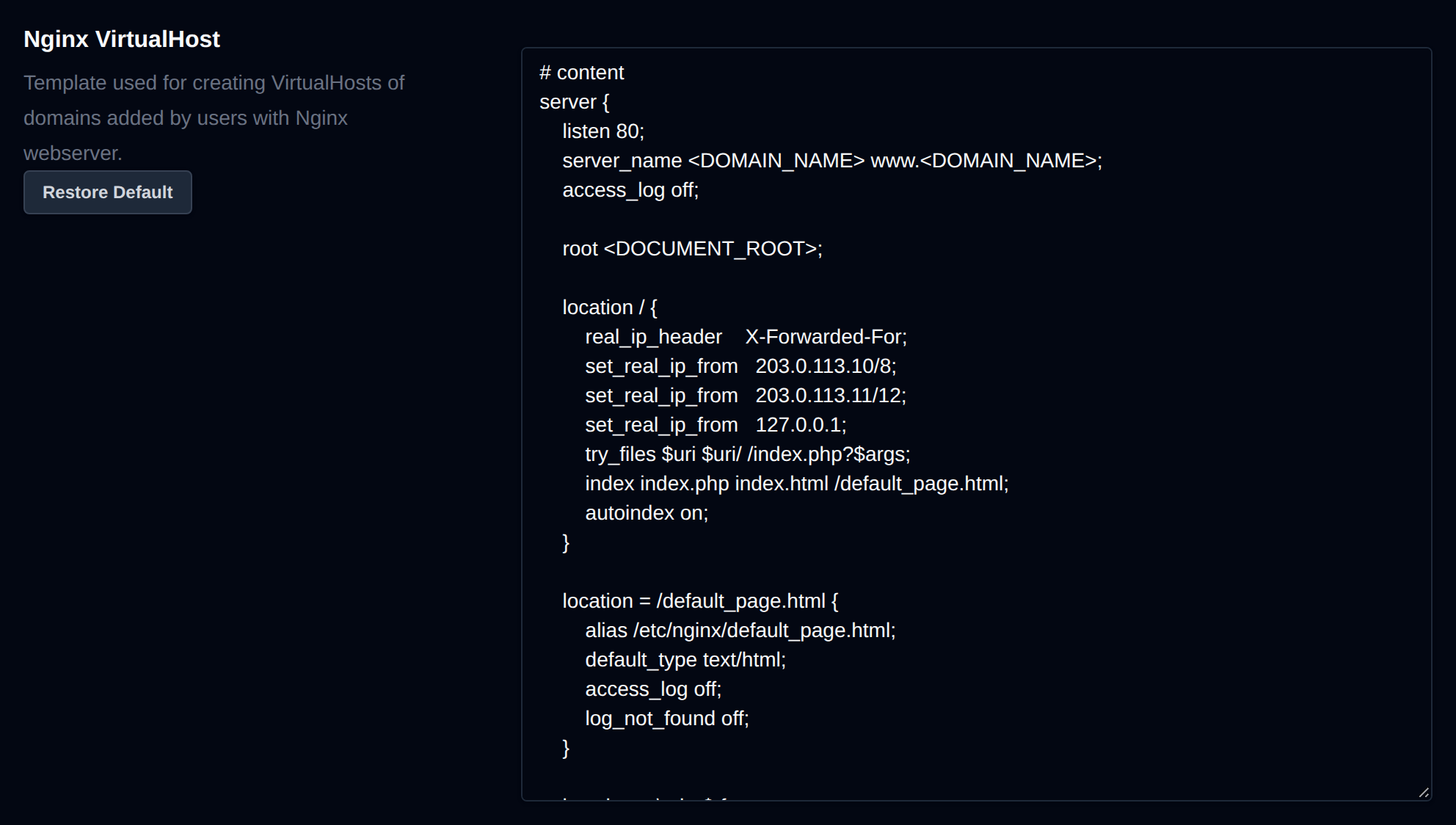 Nginx VirtualHost template editor