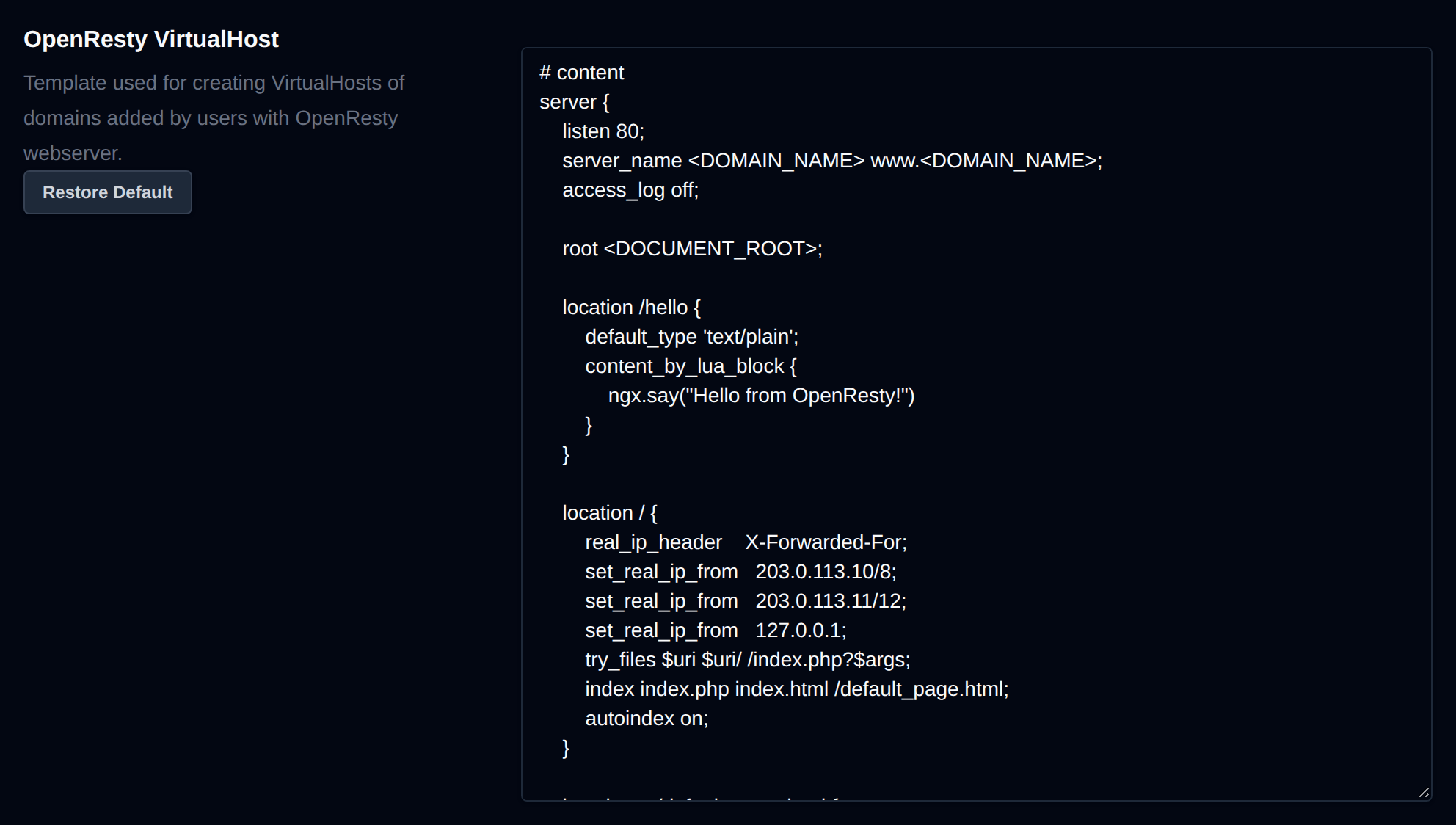 OpenResty VirtualHost template editor