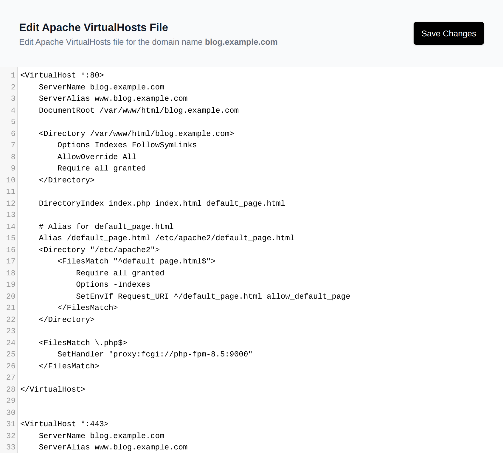 VirtualHosts file editor showing the domain configuration with the Save Changes button