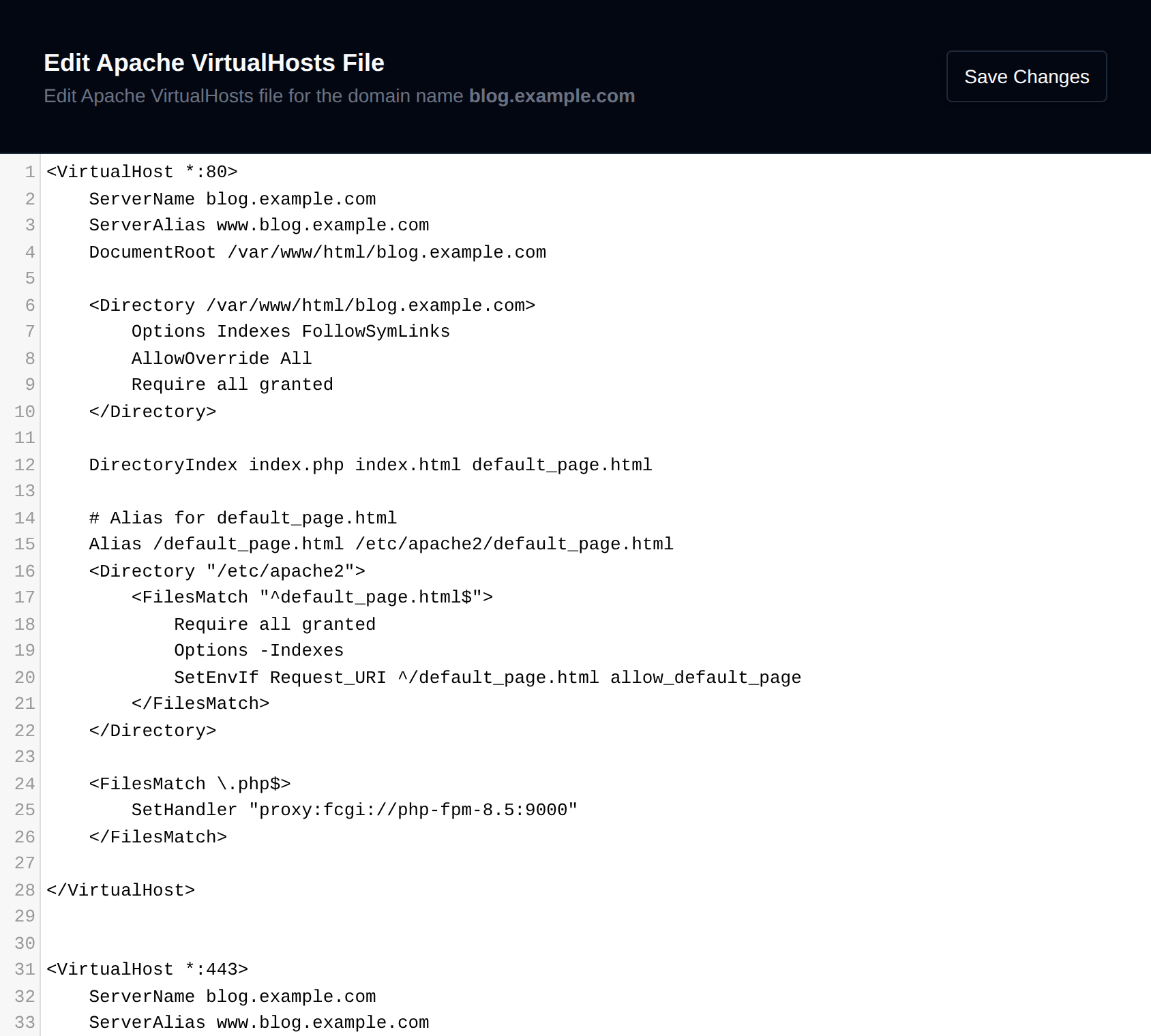 VirtualHosts file editor showing the domain configuration with the Save Changes button