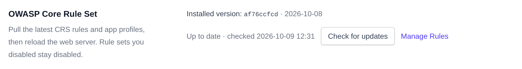 OWASP Core Rule Set section with the installed version, the up to date status and the Check for updates button