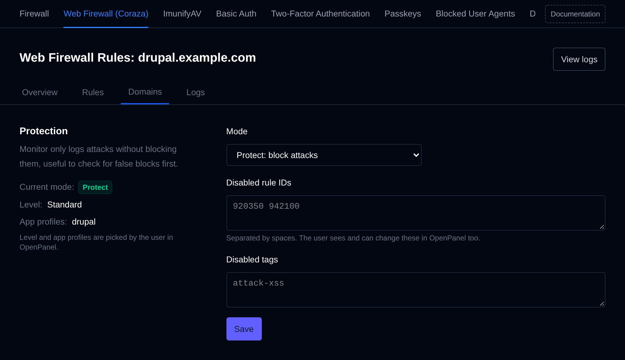 WAF settings of a single domain with its mode, level, app profiles and the disabled rule IDs and tags