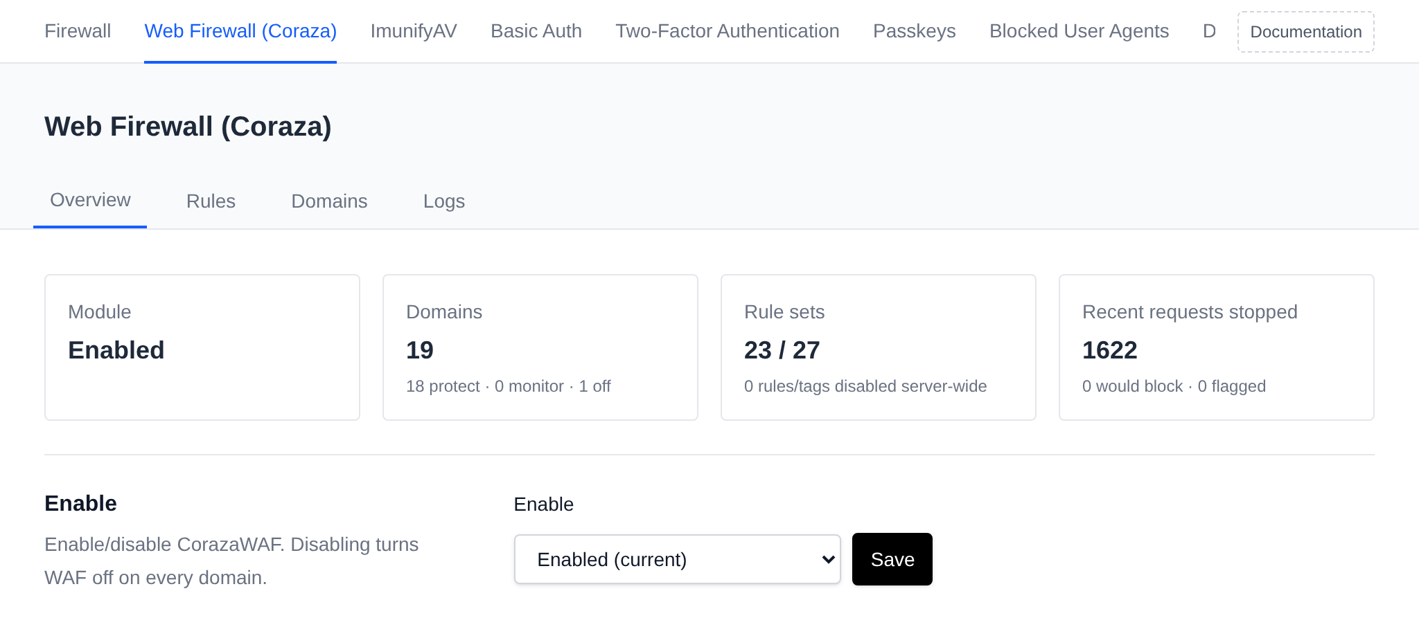 WAF page with the CorazaWAF Enable dropdown and the number of active rule sets