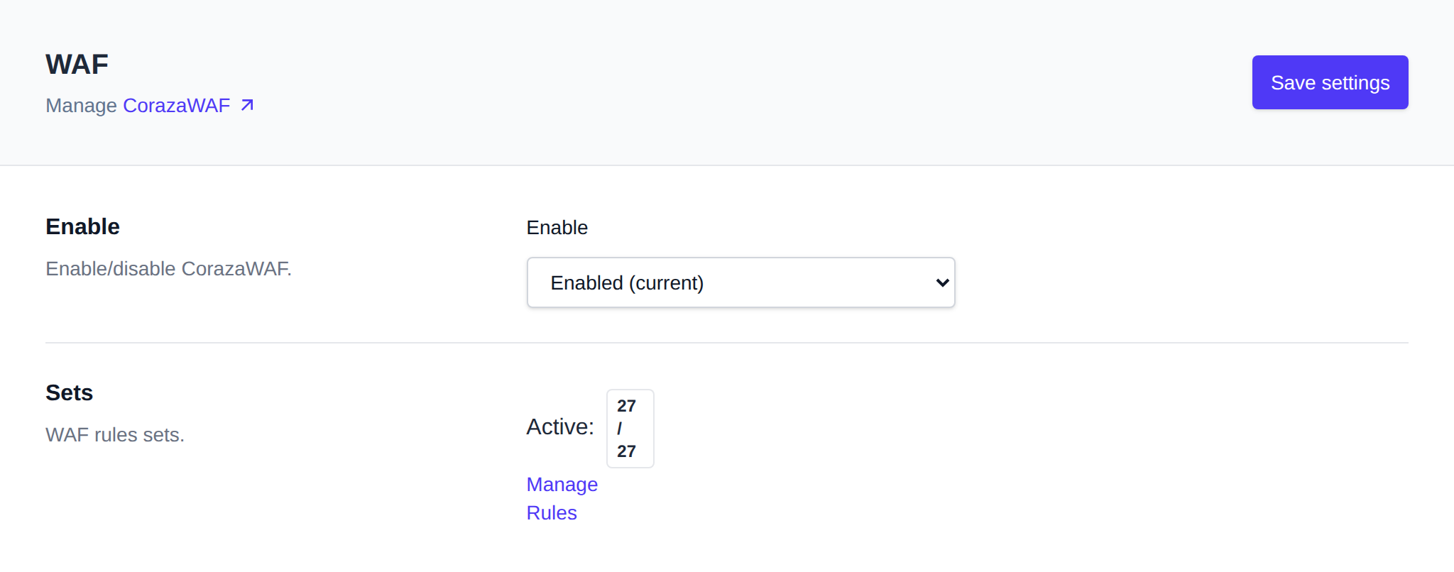 WAF page with the CorazaWAF Enable dropdown and the number of active rule sets