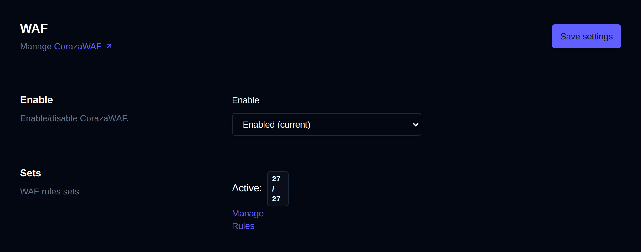WAF page with the CorazaWAF Enable dropdown and the number of active rule sets