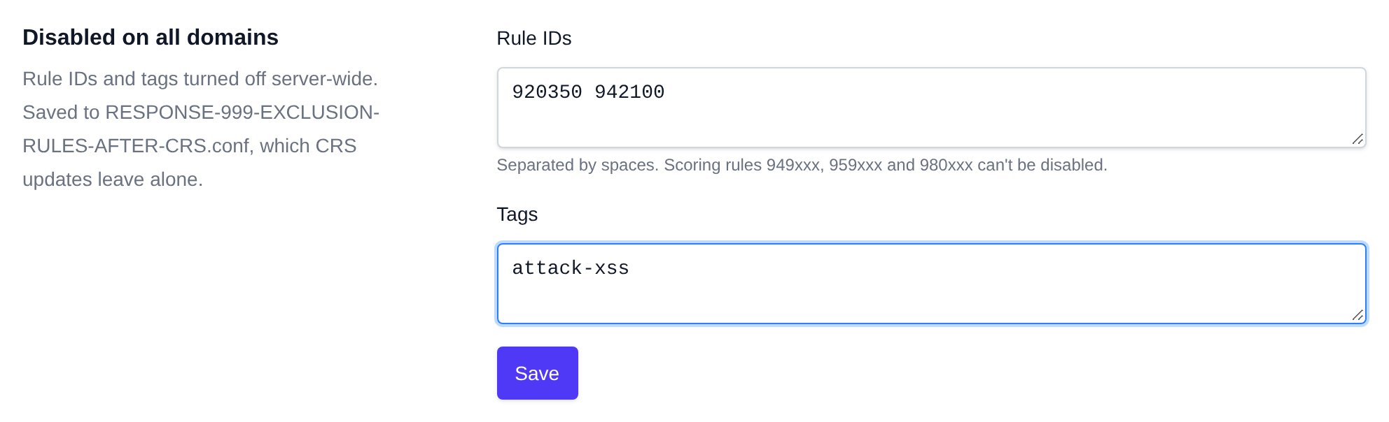 Disabled on all domains section with the rule IDs and tags turned off server-wide and the Save button