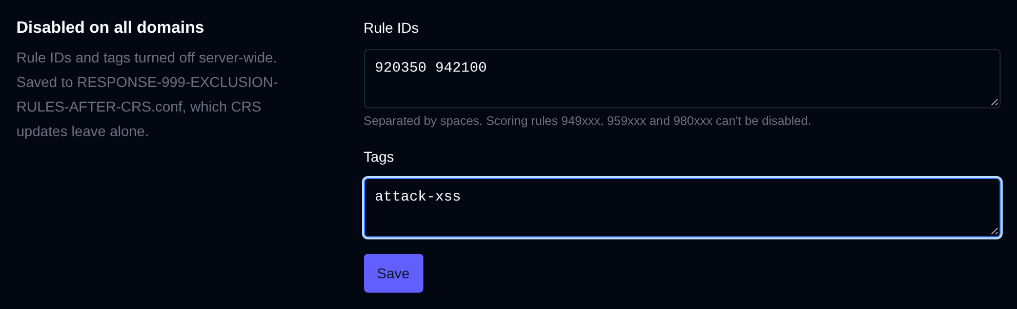 Disabled on all domains section with the rule IDs and tags turned off server-wide and the Save button