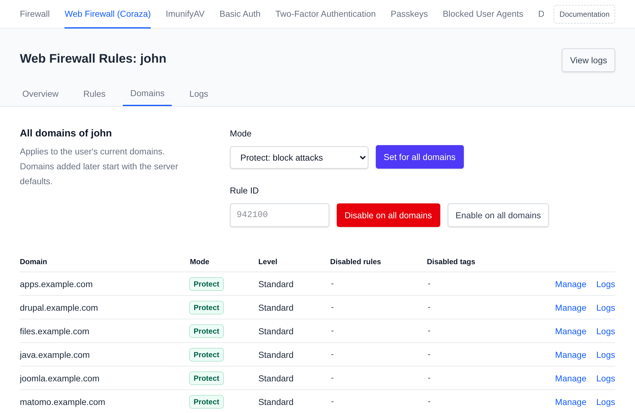 WAF settings for all domains of a user with the mode for all domains, the rule ID to disable or enable on all of them and the table of the user domains