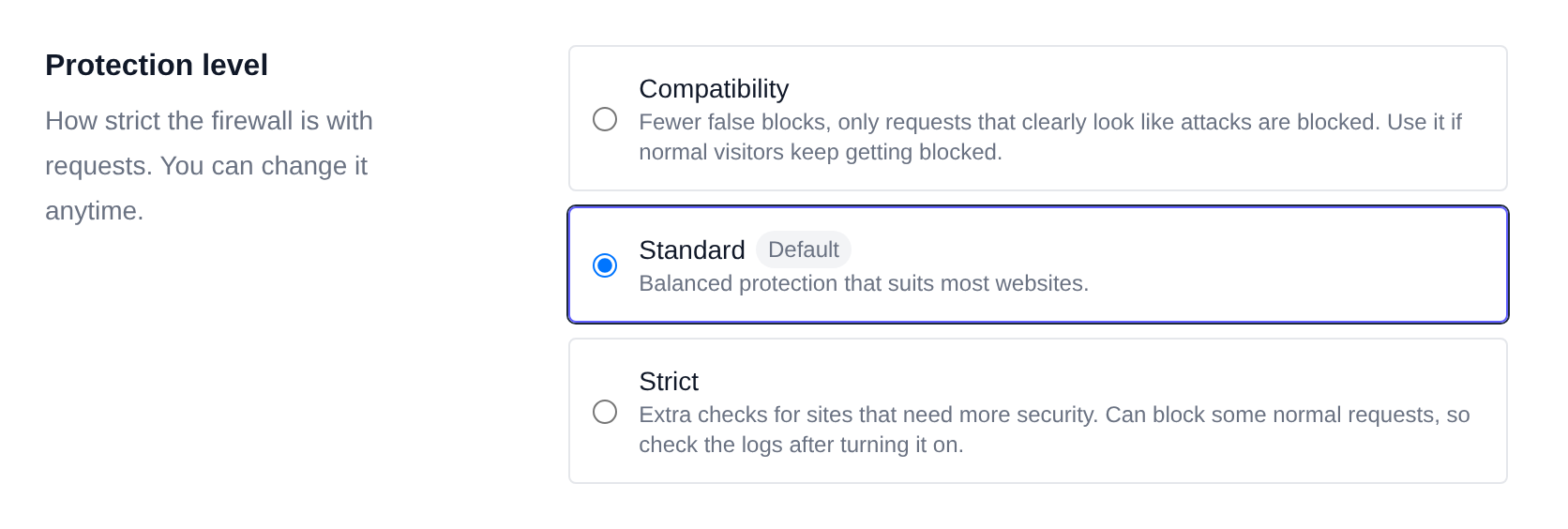 Protection level options Compatibility, Standard and Strict, with Standard selected