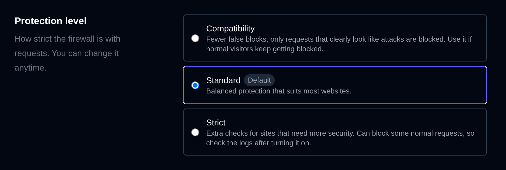 Protection level options Compatibility, Standard and Strict, with Standard selected
