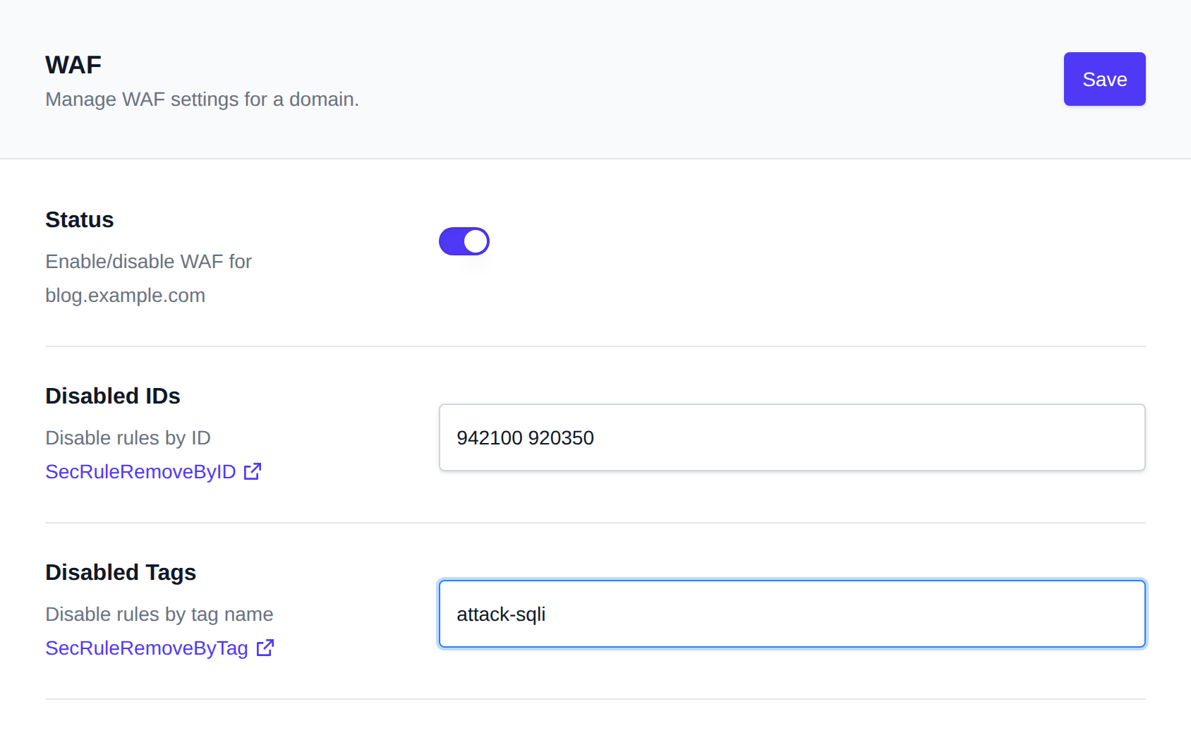 WAF settings for a domain with the status toggle and fields for disabled rule IDs and tags