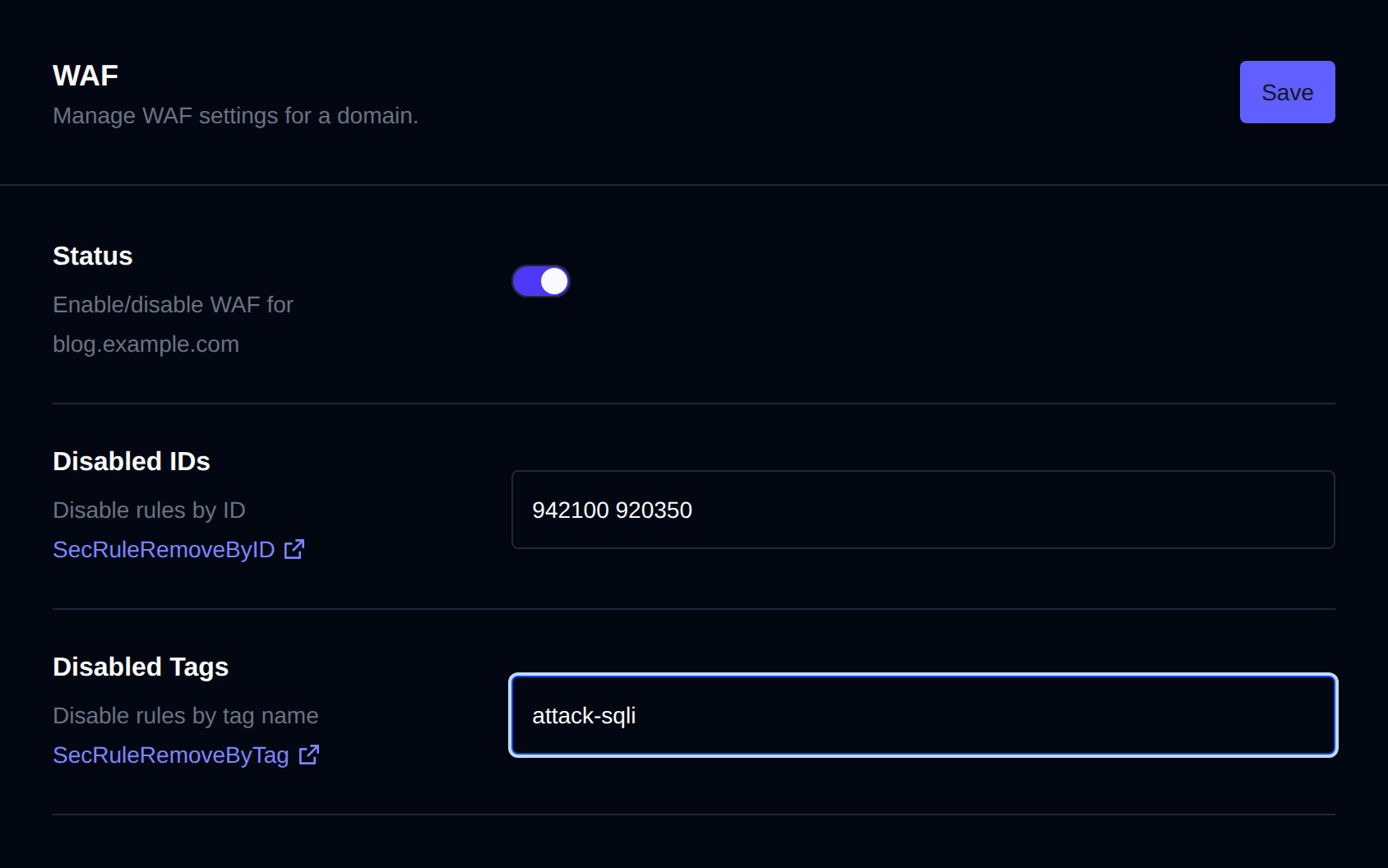 WAF settings for a domain with the status toggle and fields for disabled rule IDs and tags