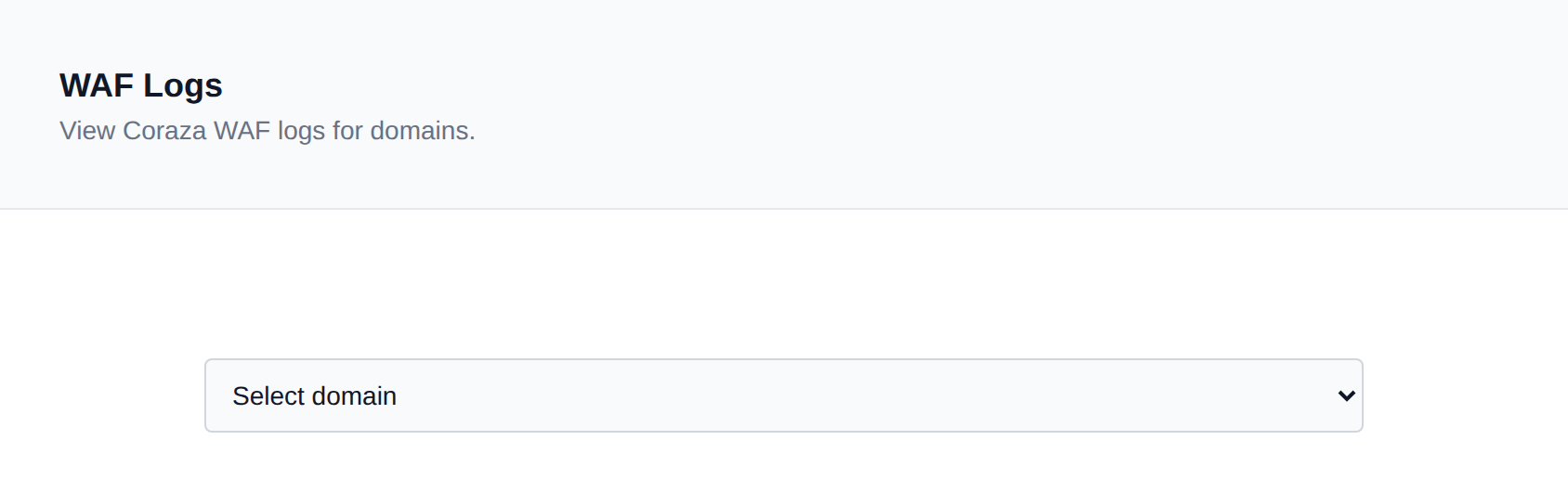 WAF Logs page with the dropdown to choose the domain whose firewall log to view