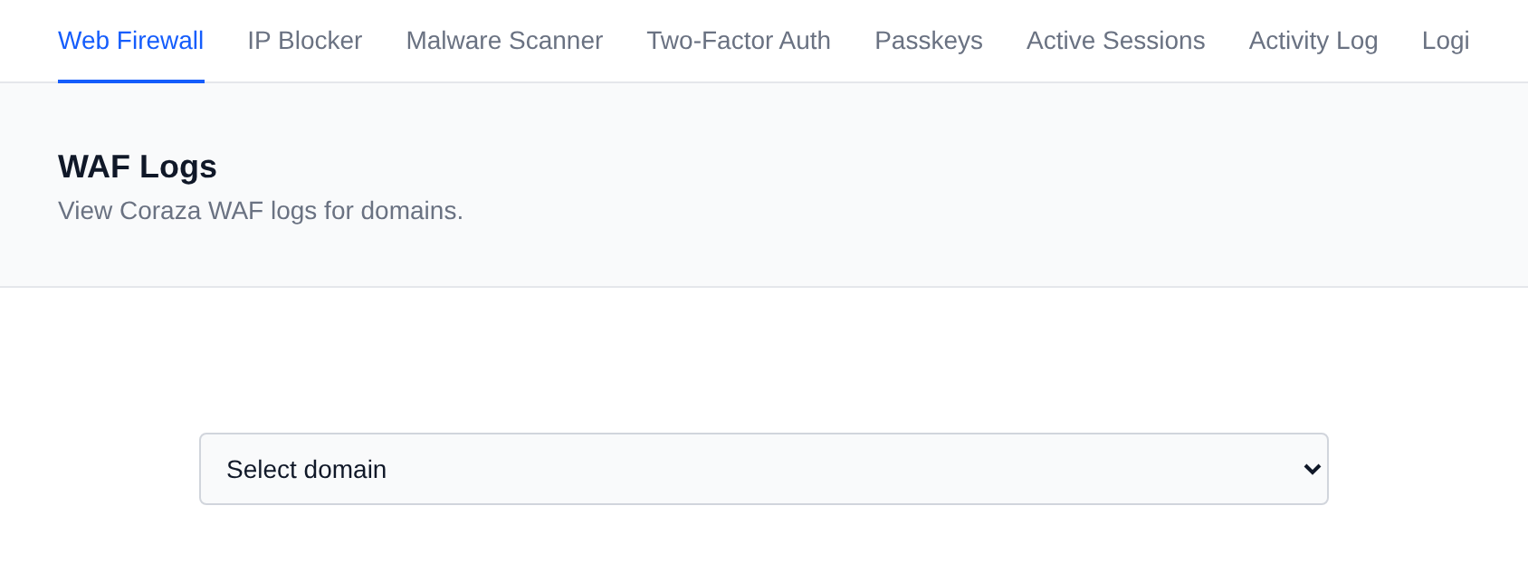 WAF Logs page with the dropdown to choose the domain whose firewall log to view