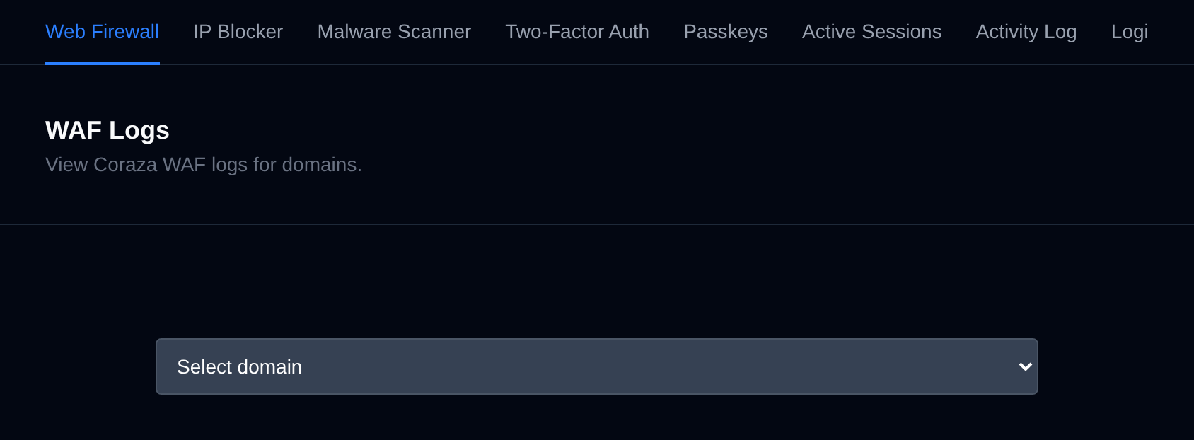 WAF Logs page with the dropdown to choose the domain whose firewall log to view