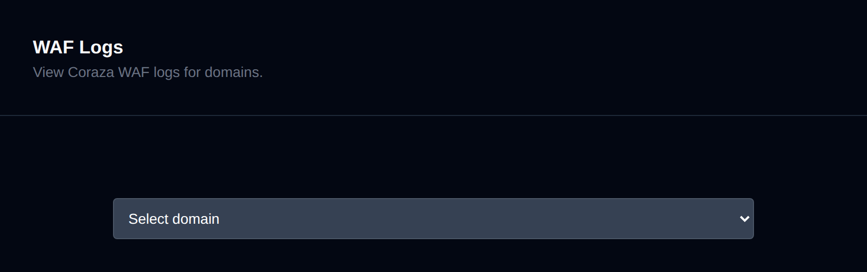 WAF Logs page with the dropdown to choose the domain whose firewall log to view