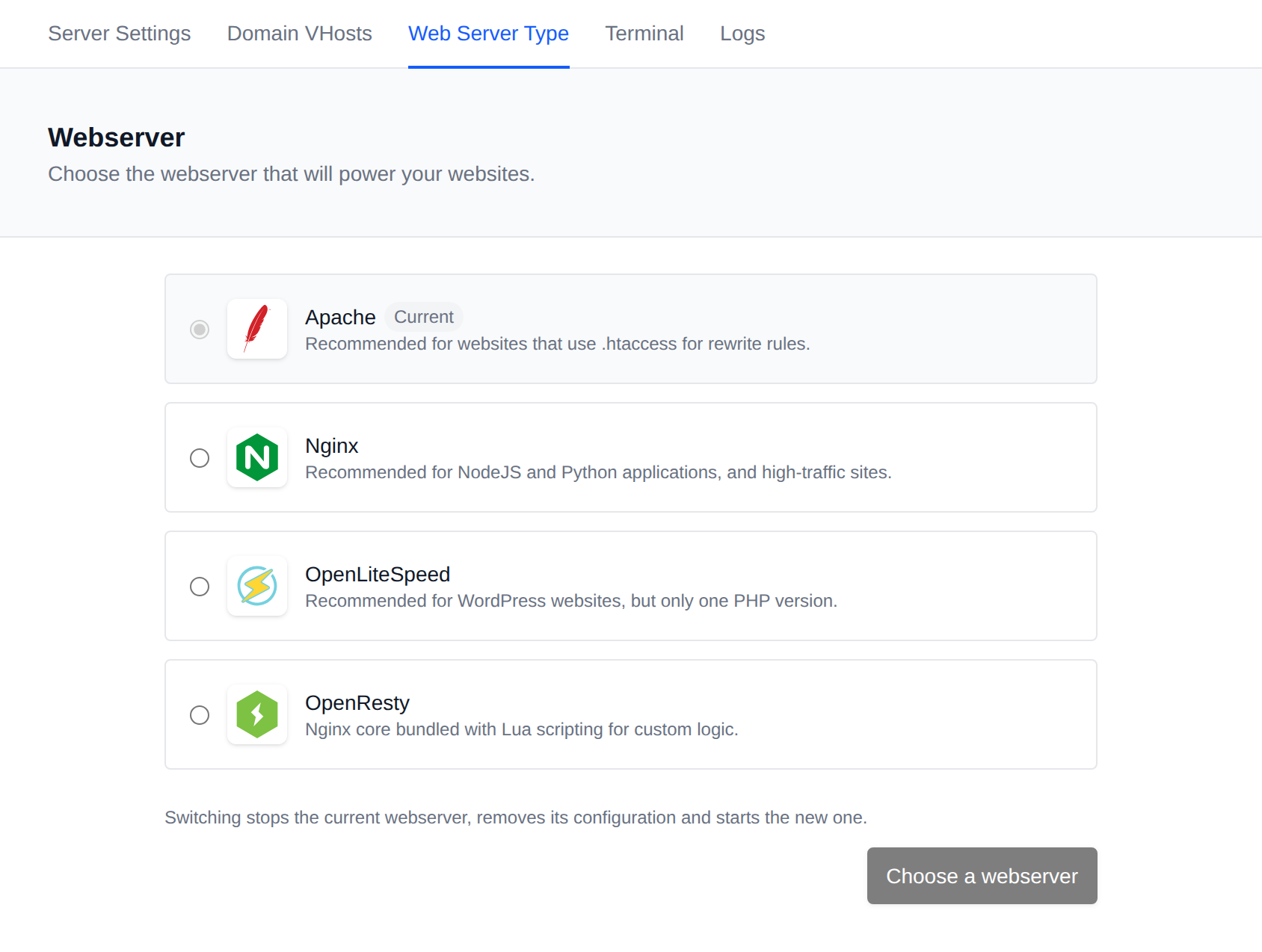 Web Server Type page with a card for each available web server, the current one marked, and the Switch button
