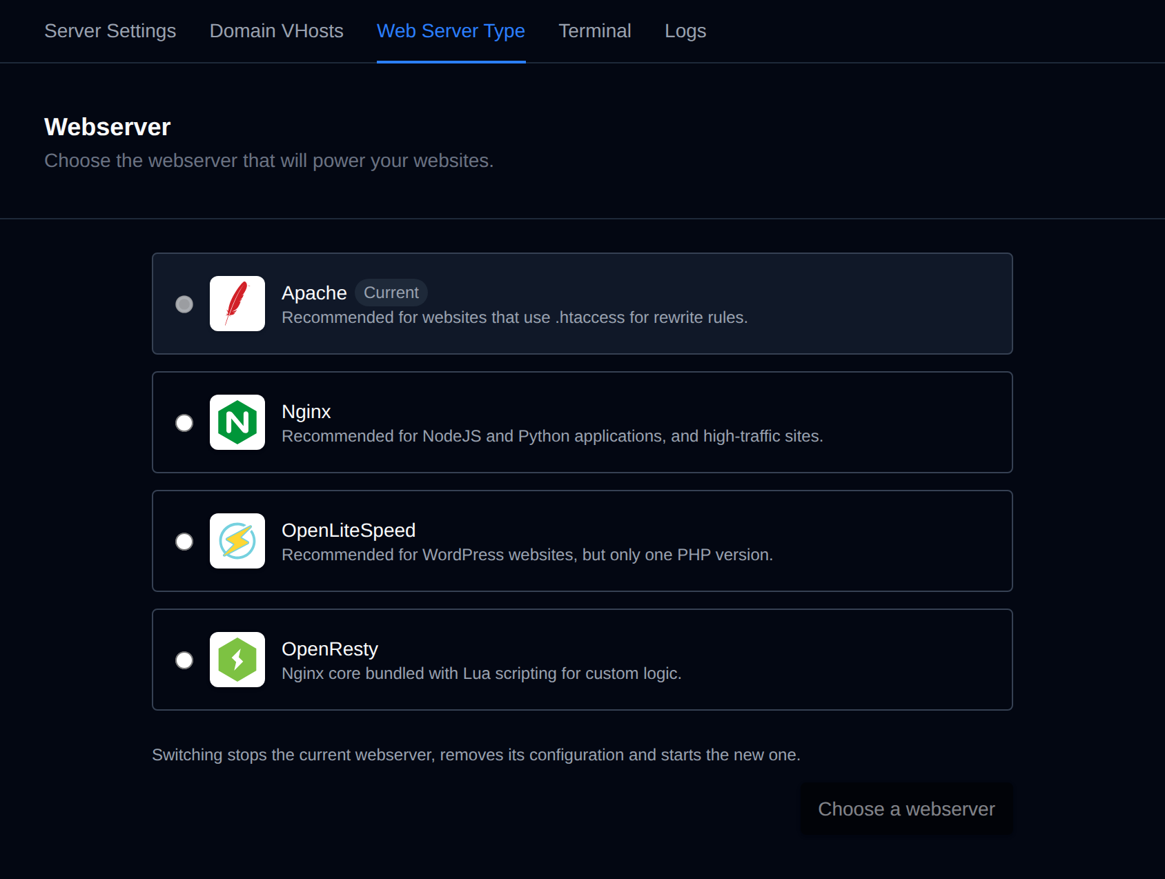 Web Server Type page with a card for each available web server, the current one marked, and the Switch button