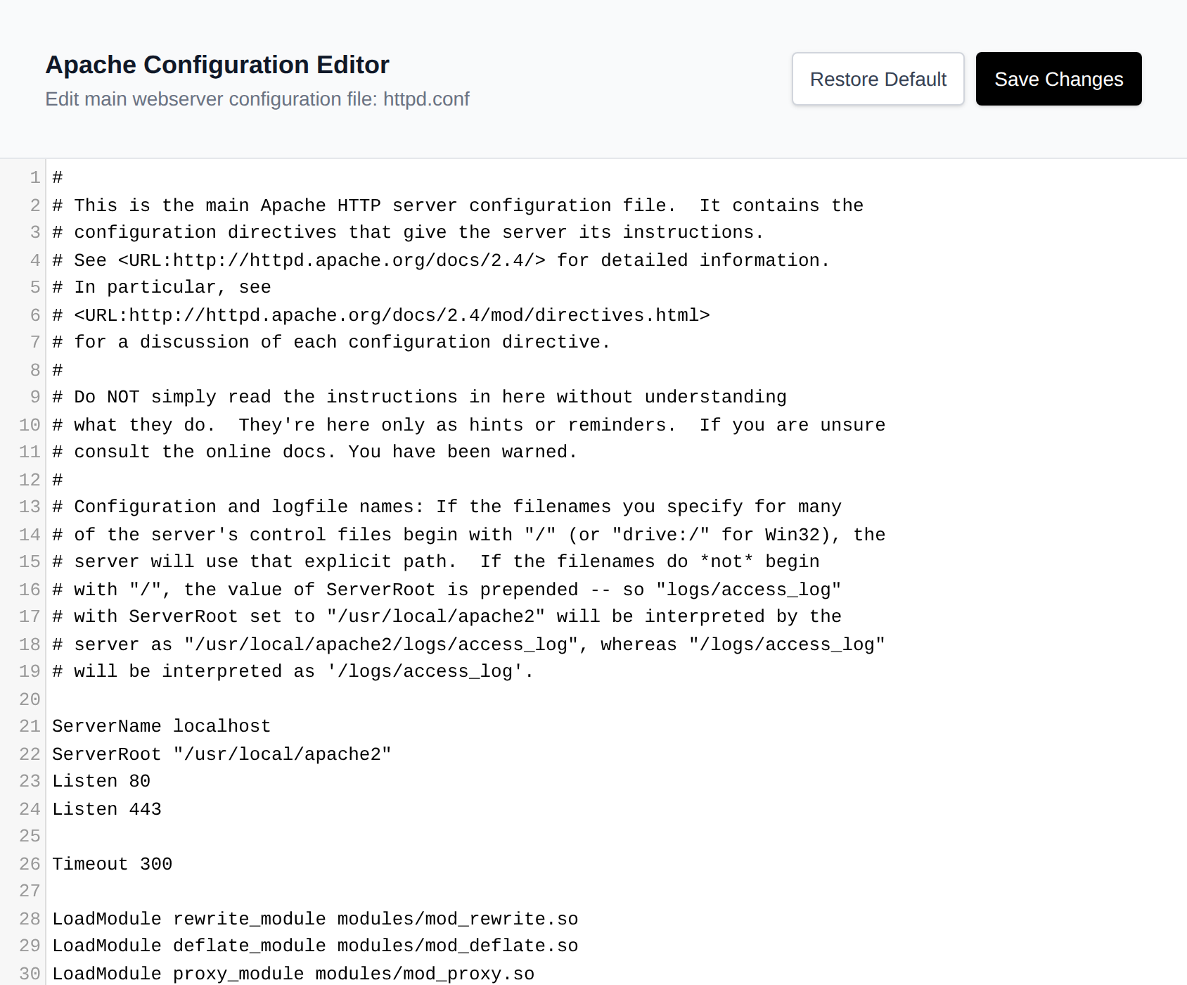 Web server configuration editor with the Restore Default and Save Changes buttons