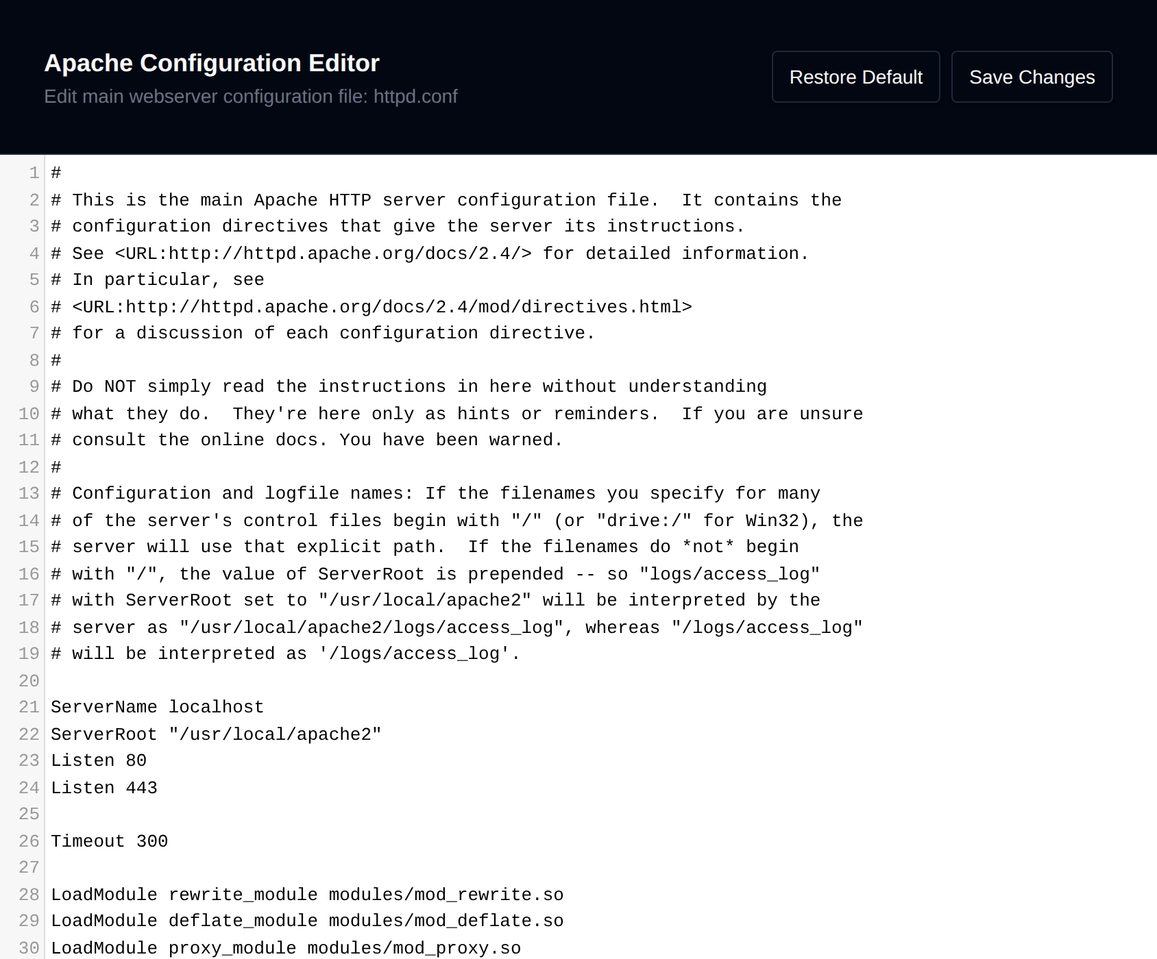 Web server configuration editor with the Restore Default and Save Changes buttons