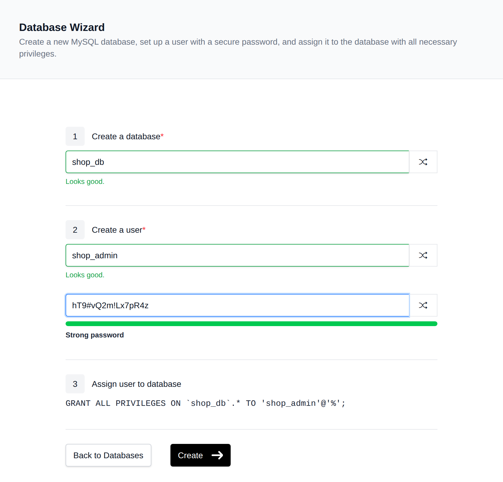 Database Wizard with steps to create a database, create a user with a password, and a preview of the GRANT statement