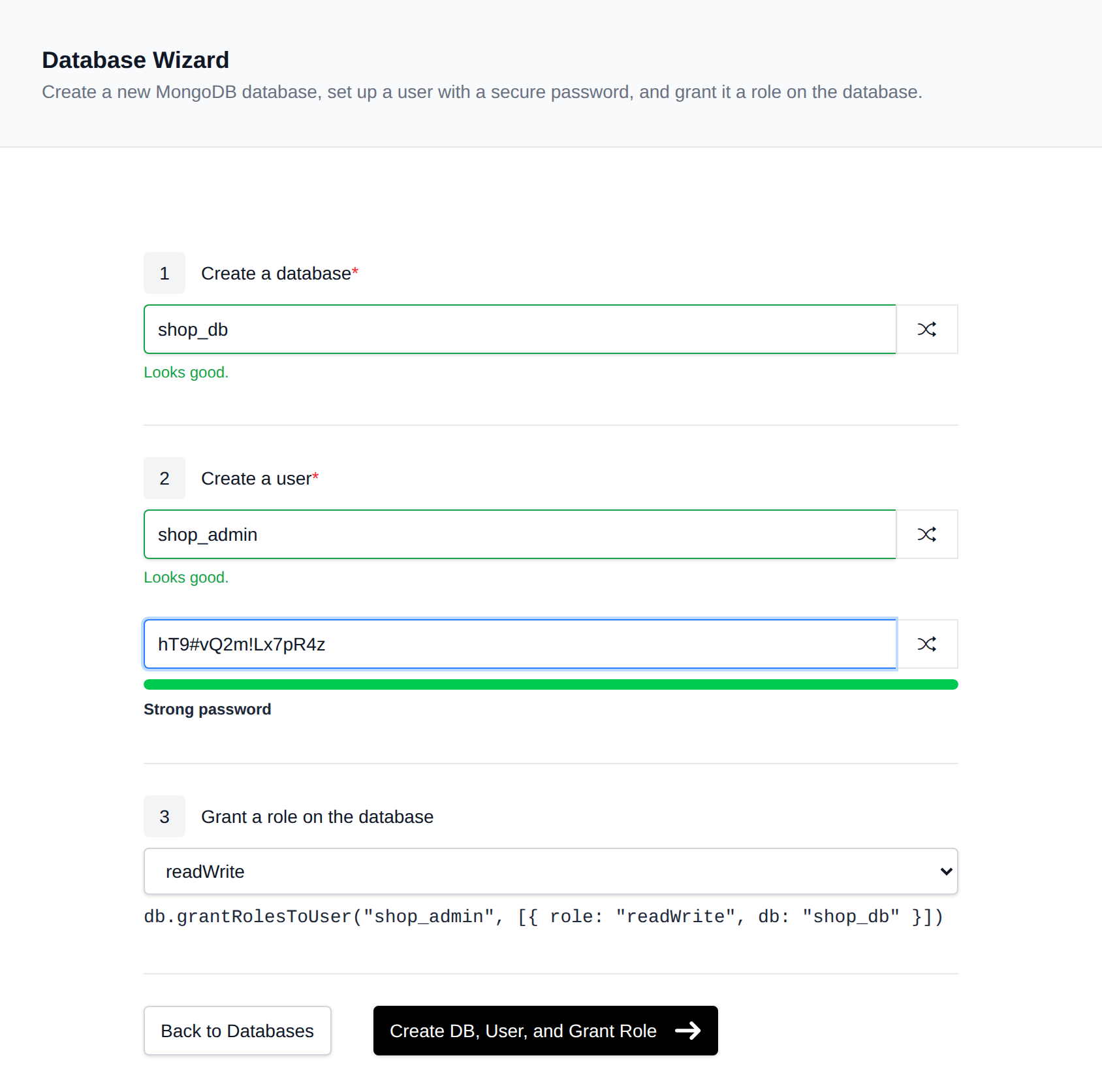 MongoDB Database Wizard with steps to create a database, create a user with a password, and grant a role