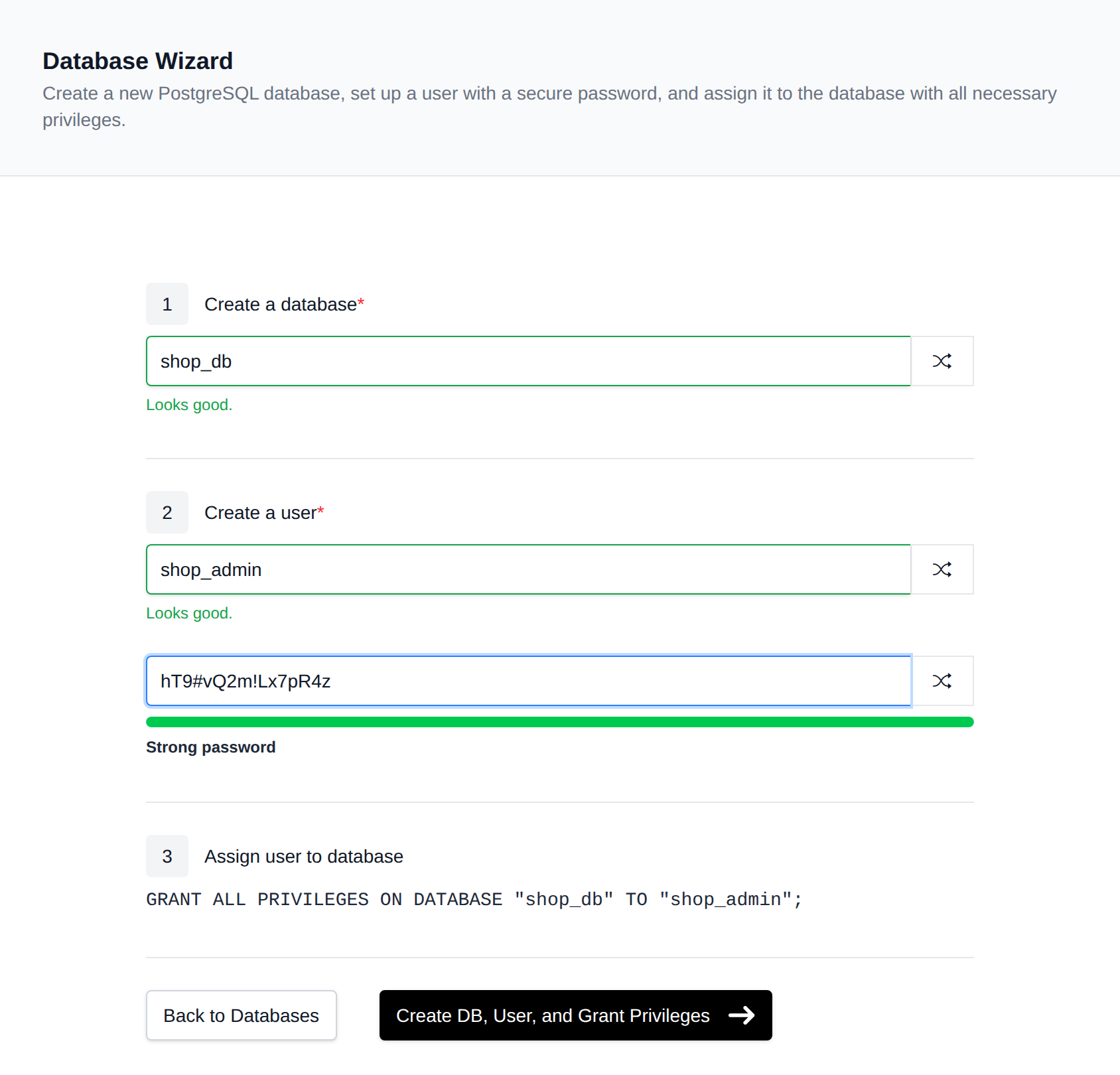 PostgreSQL Database Wizard with steps to create a database, create a user with a password, and a preview of the GRANT statement