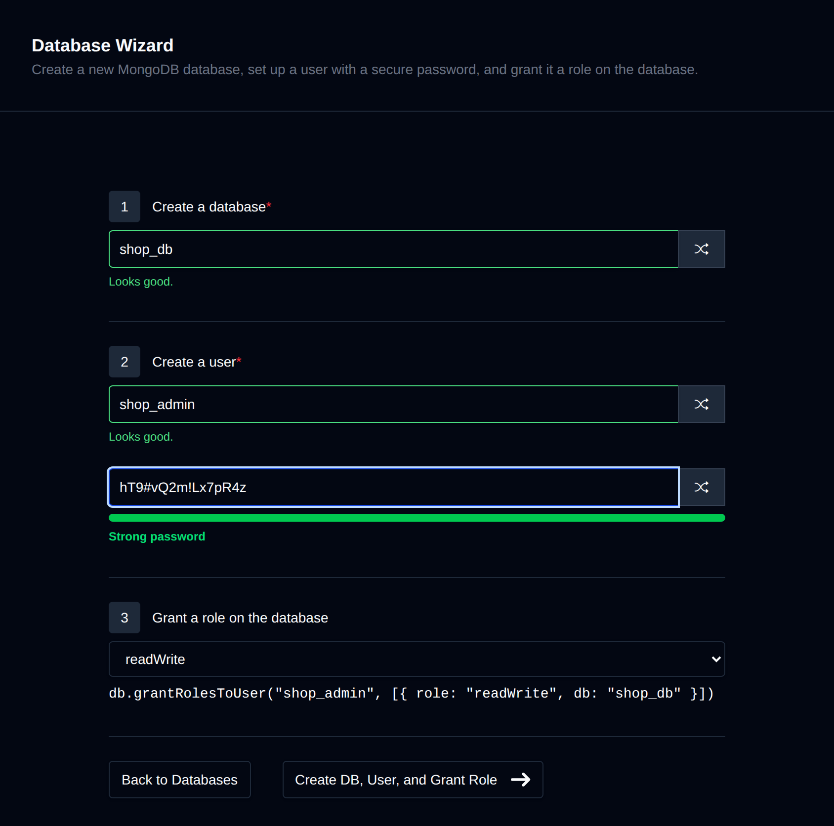 MongoDB Database Wizard with steps to create a database, create a user with a password, and grant a role