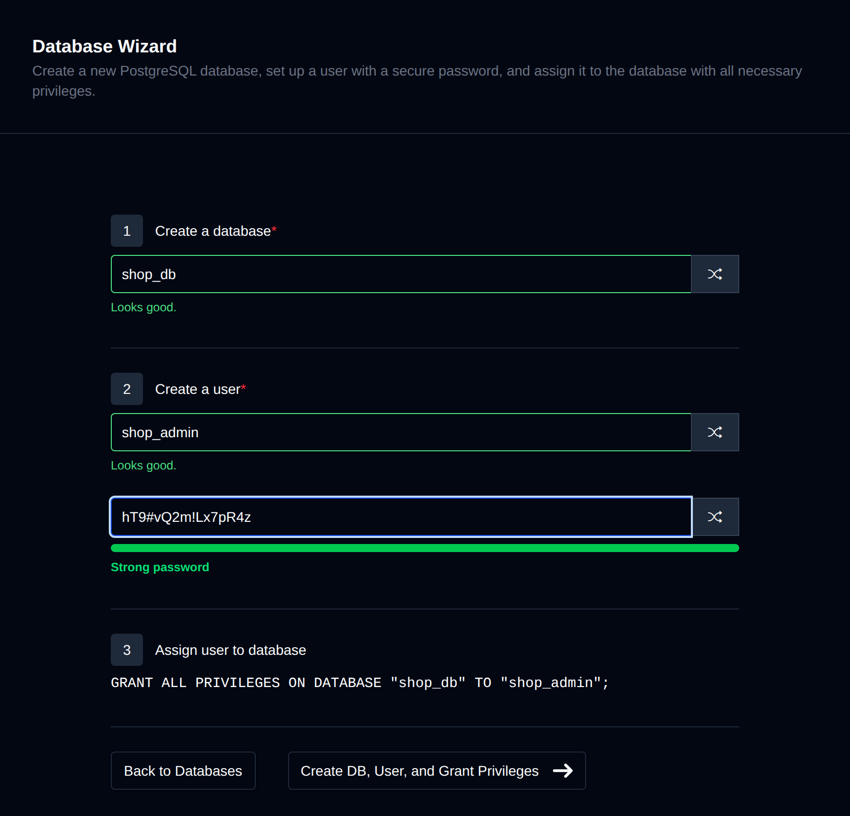 PostgreSQL Database Wizard with steps to create a database, create a user with a password, and a preview of the GRANT statement