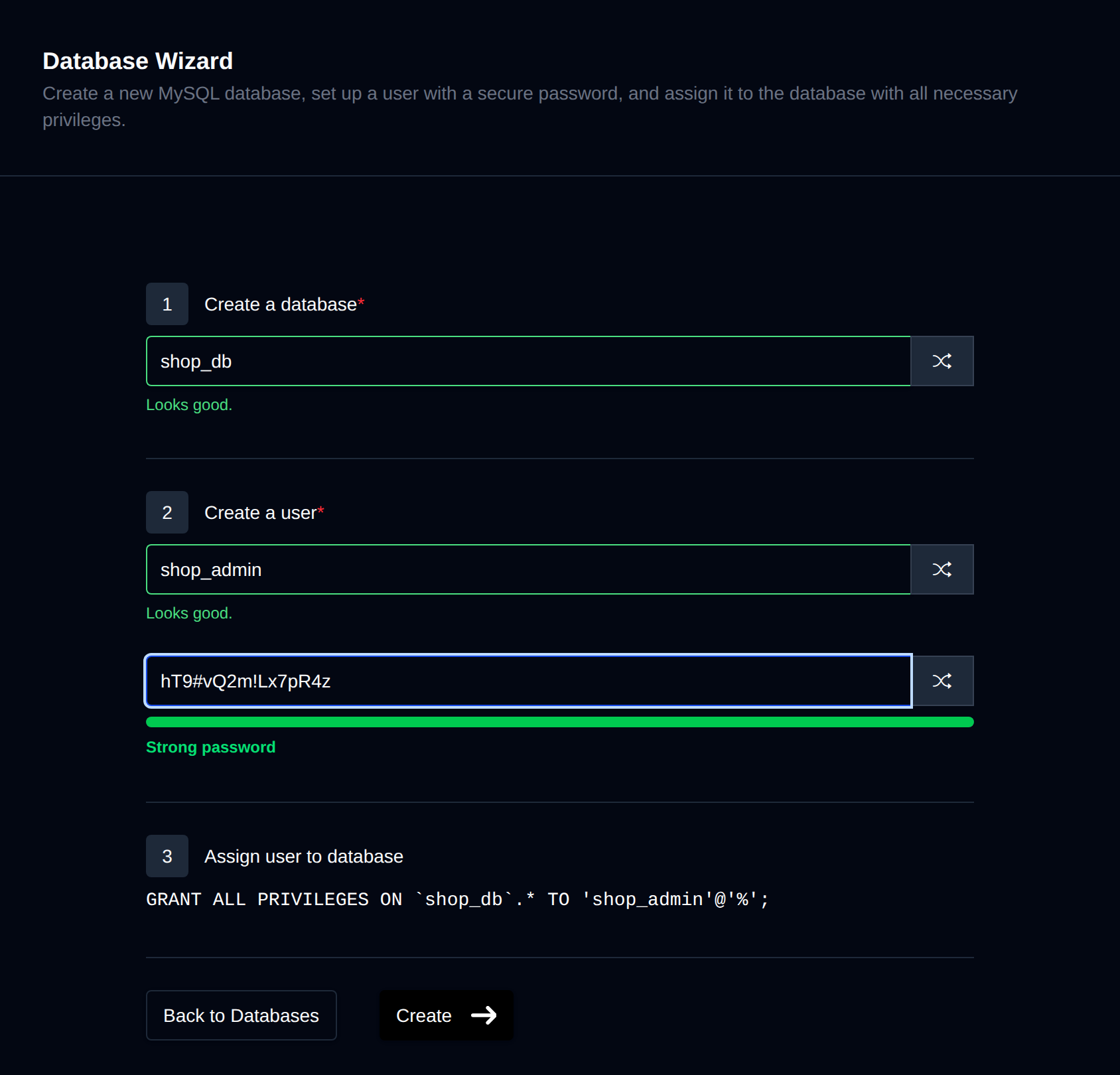 Database Wizard with steps to create a database, create a user with a password, and a preview of the GRANT statement