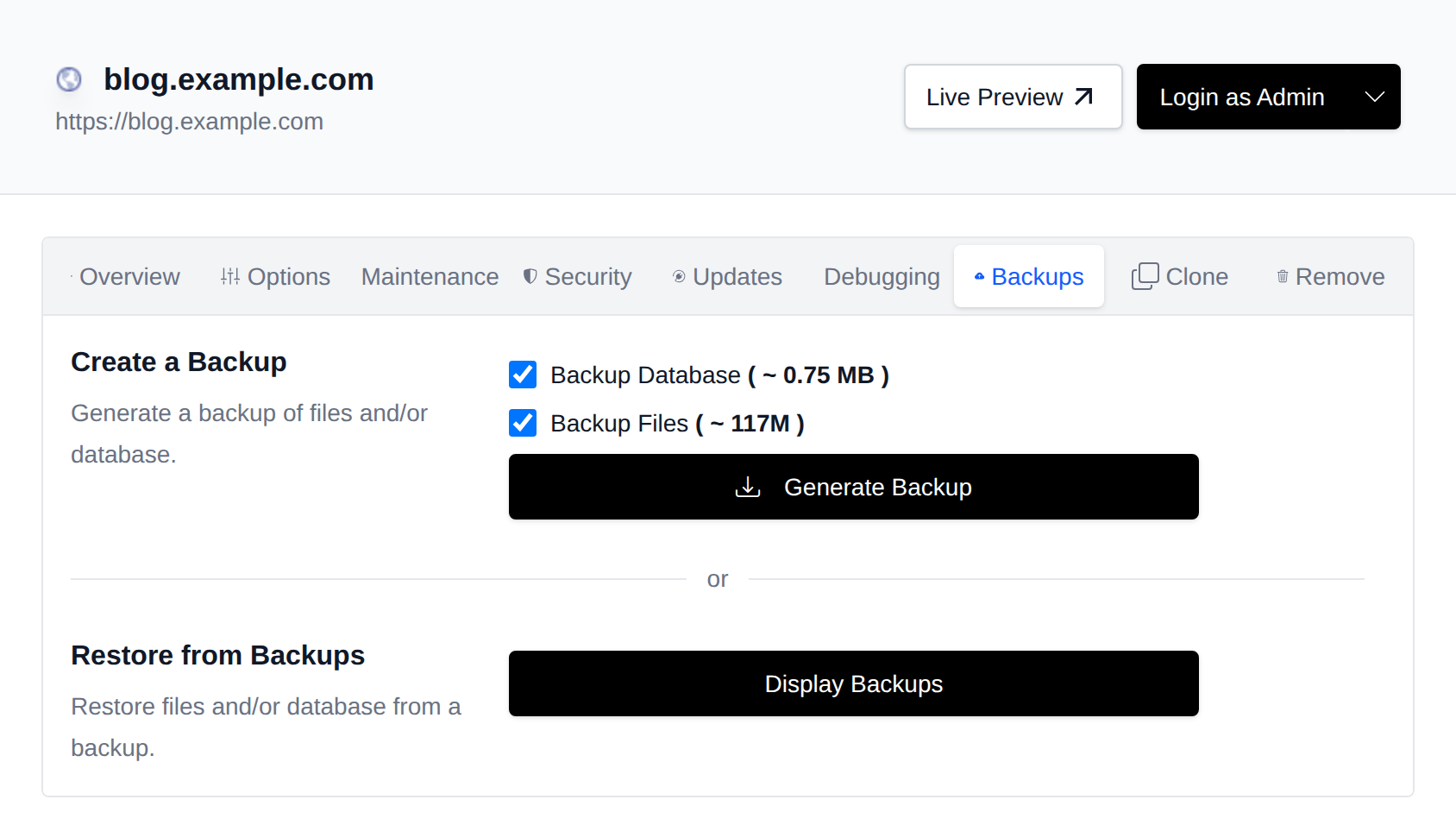 Backups tab with the Create a Backup and Restore from Backups sections