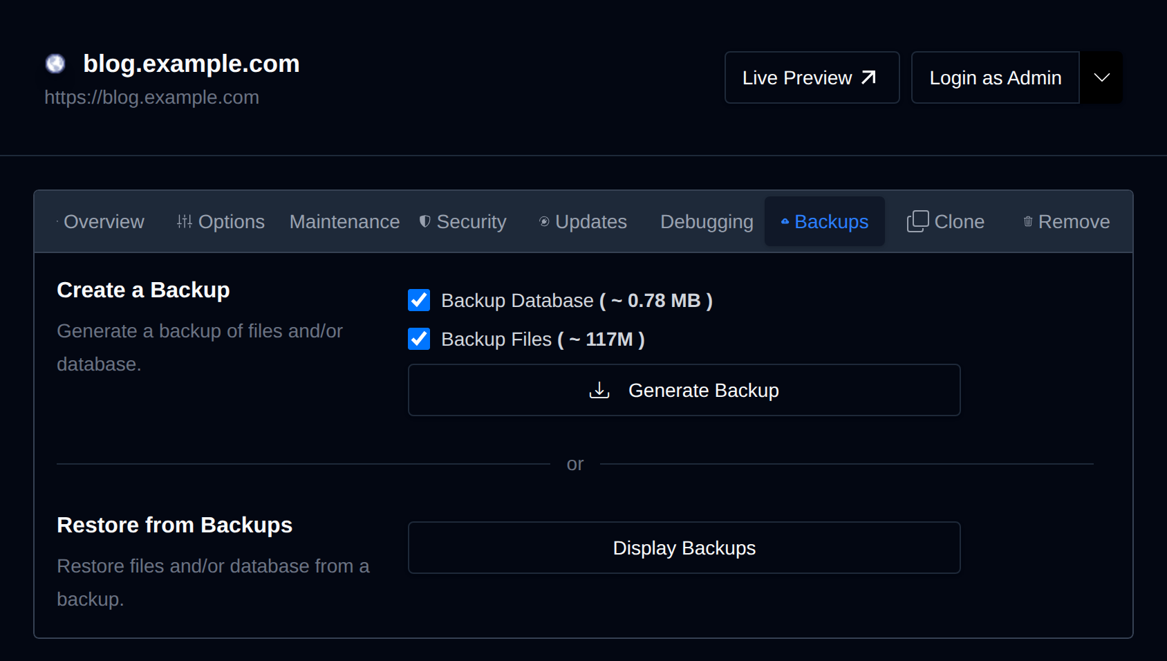 Backups tab with the Create a Backup and Restore from Backups sections