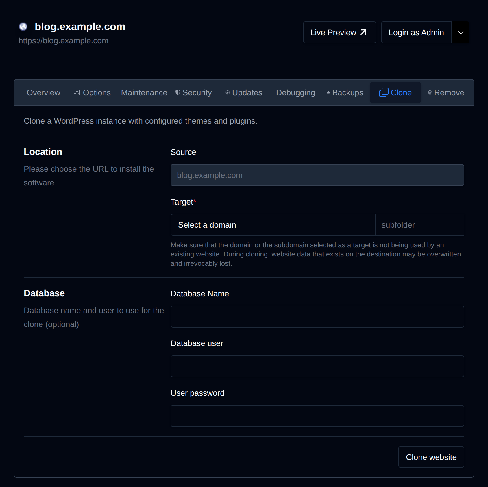 Clone tab with the destination location and database for the copy