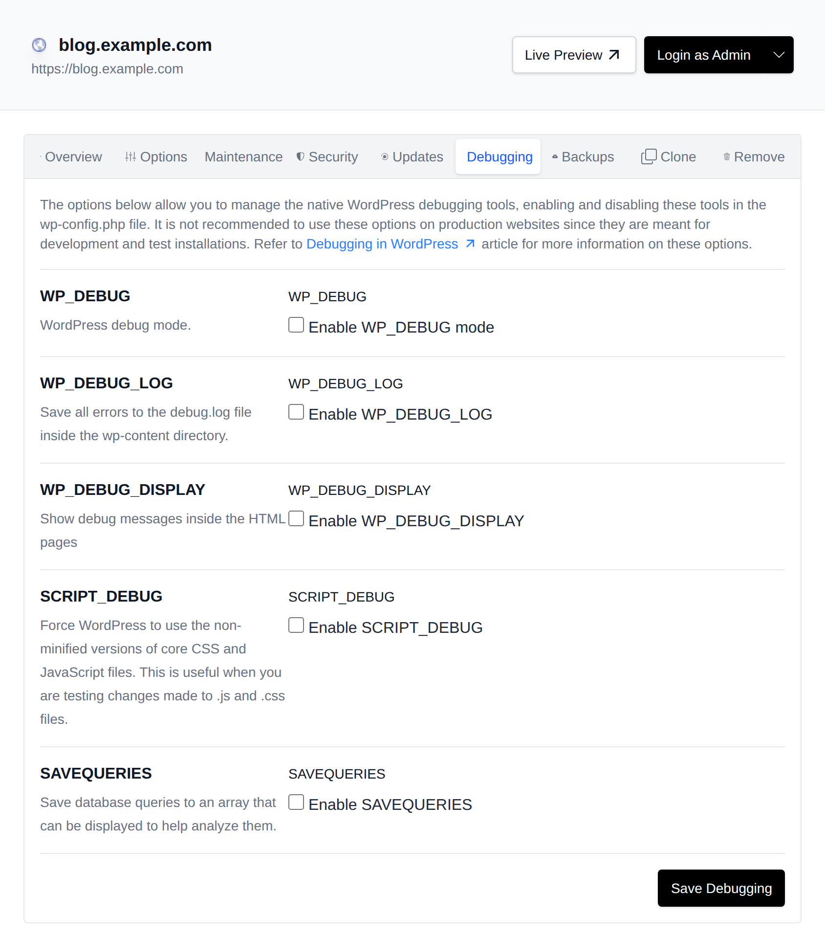 Debugging tab with toggles for WP_DEBUG, WP_DEBUG_LOG, WP_DEBUG_DISPLAY, SCRIPT_DEBUG and SAVEQUERIES