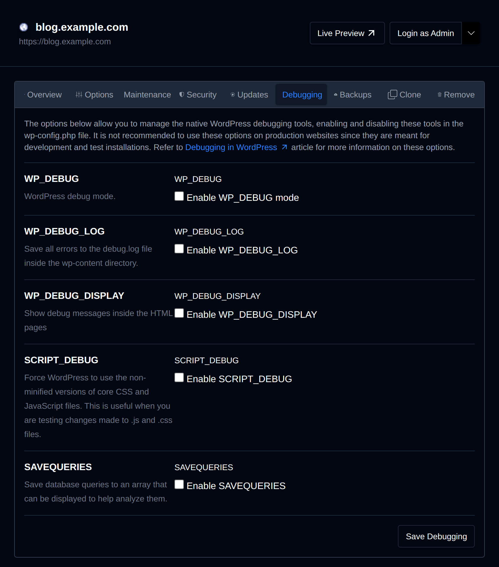 Debugging tab with toggles for WP_DEBUG, WP_DEBUG_LOG, WP_DEBUG_DISPLAY, SCRIPT_DEBUG and SAVEQUERIES
