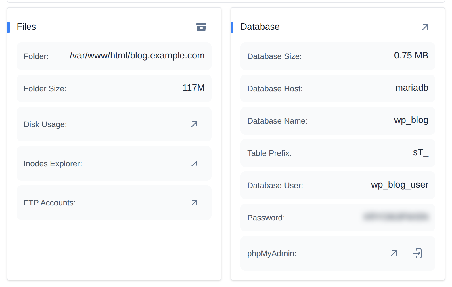 Files and Database cards of the Overview tab with the folder path and size, disk usage, and the database name, user, host, size and phpMyAdmin link
