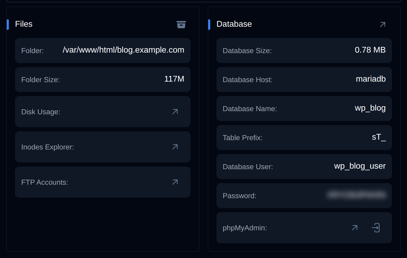 Files and Database cards of the Overview tab with the folder path and size, disk usage, and the database name, user, host, size and phpMyAdmin link