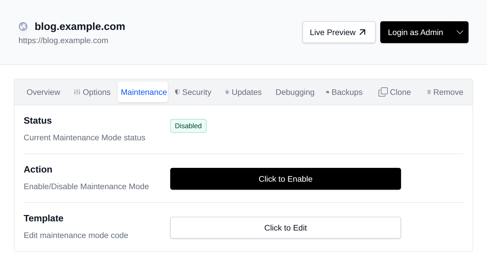 Maintenance tab with the maintenance mode toggle