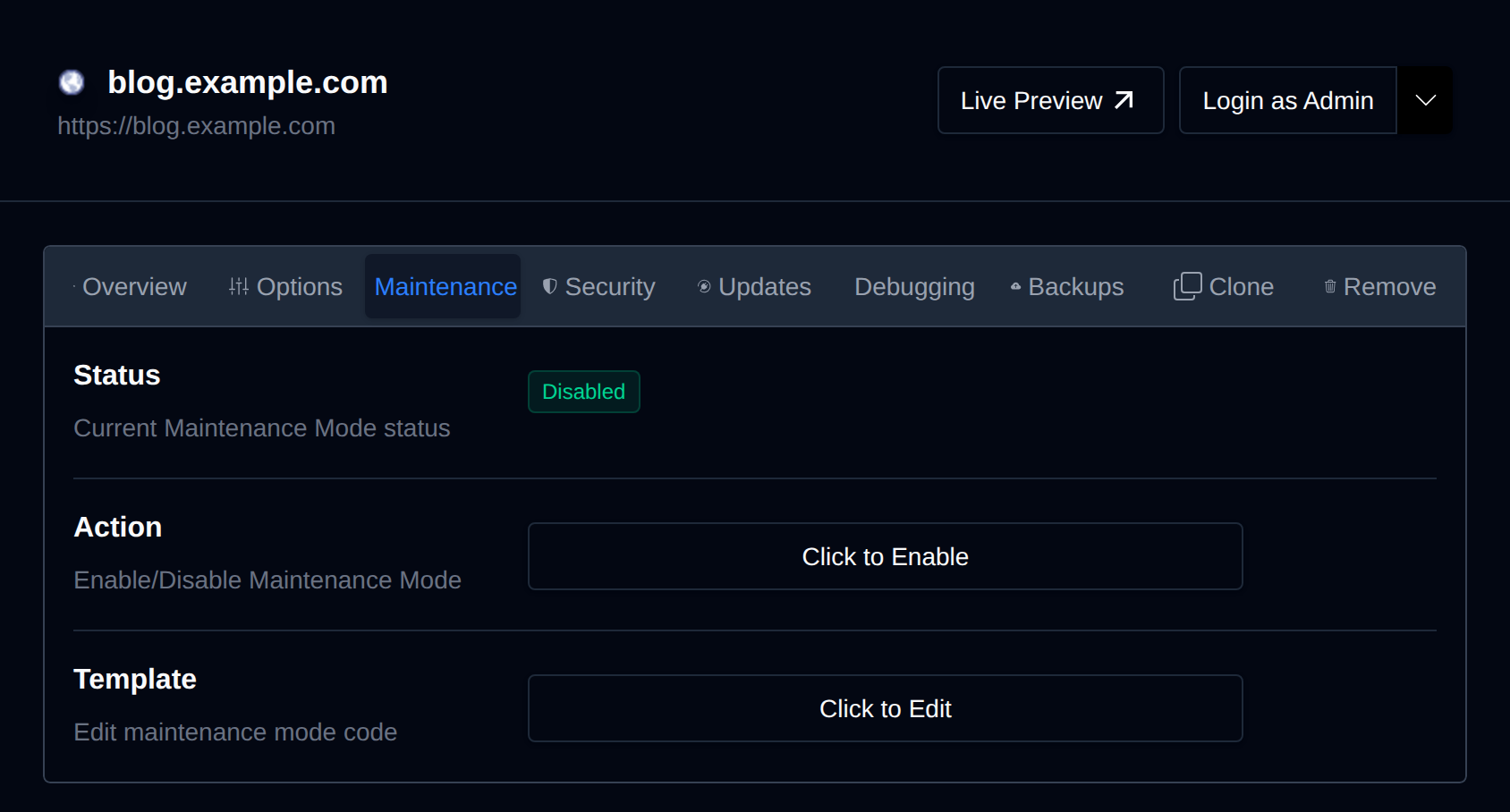 Maintenance tab with the maintenance mode toggle
