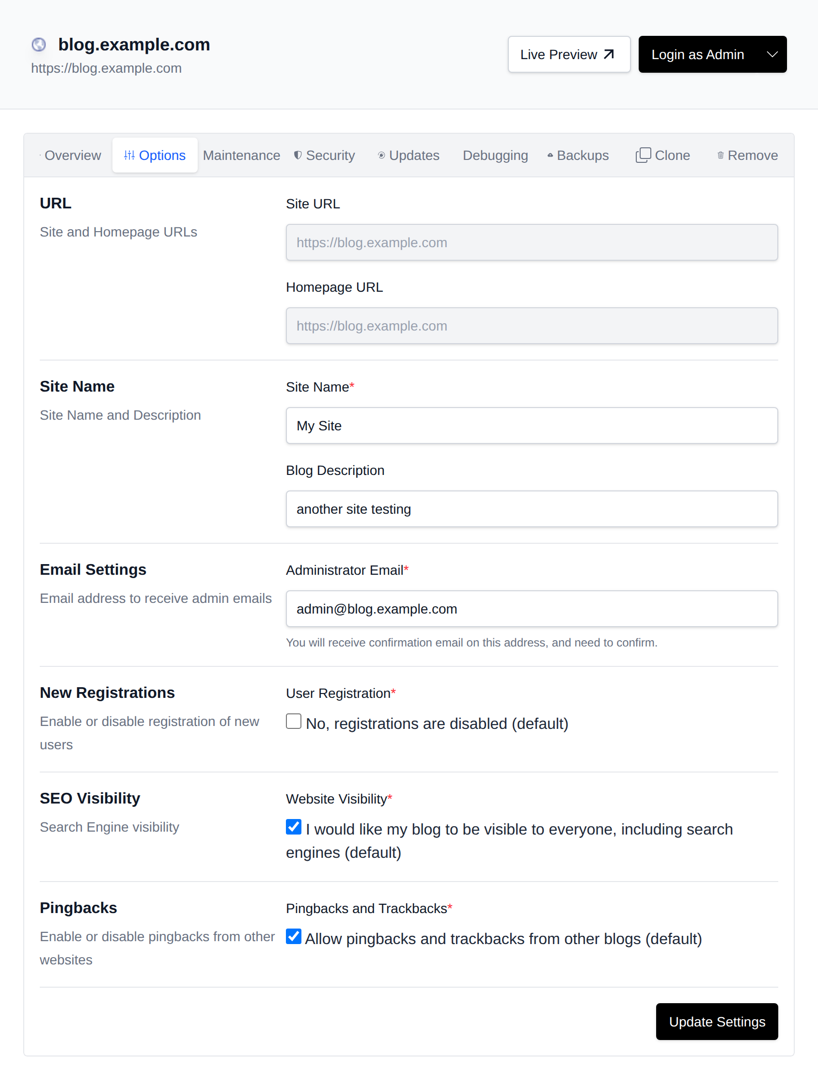 Options tab with the site URL, site name, email, registration, SEO visibility and pingback settings